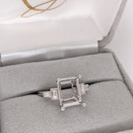 Elegant Ring Semi Mount in 14K Solid Gold w Baguette Diamond Accents | Milgrain Detail | Emerald Cut Prong Setting | Custom Sizes