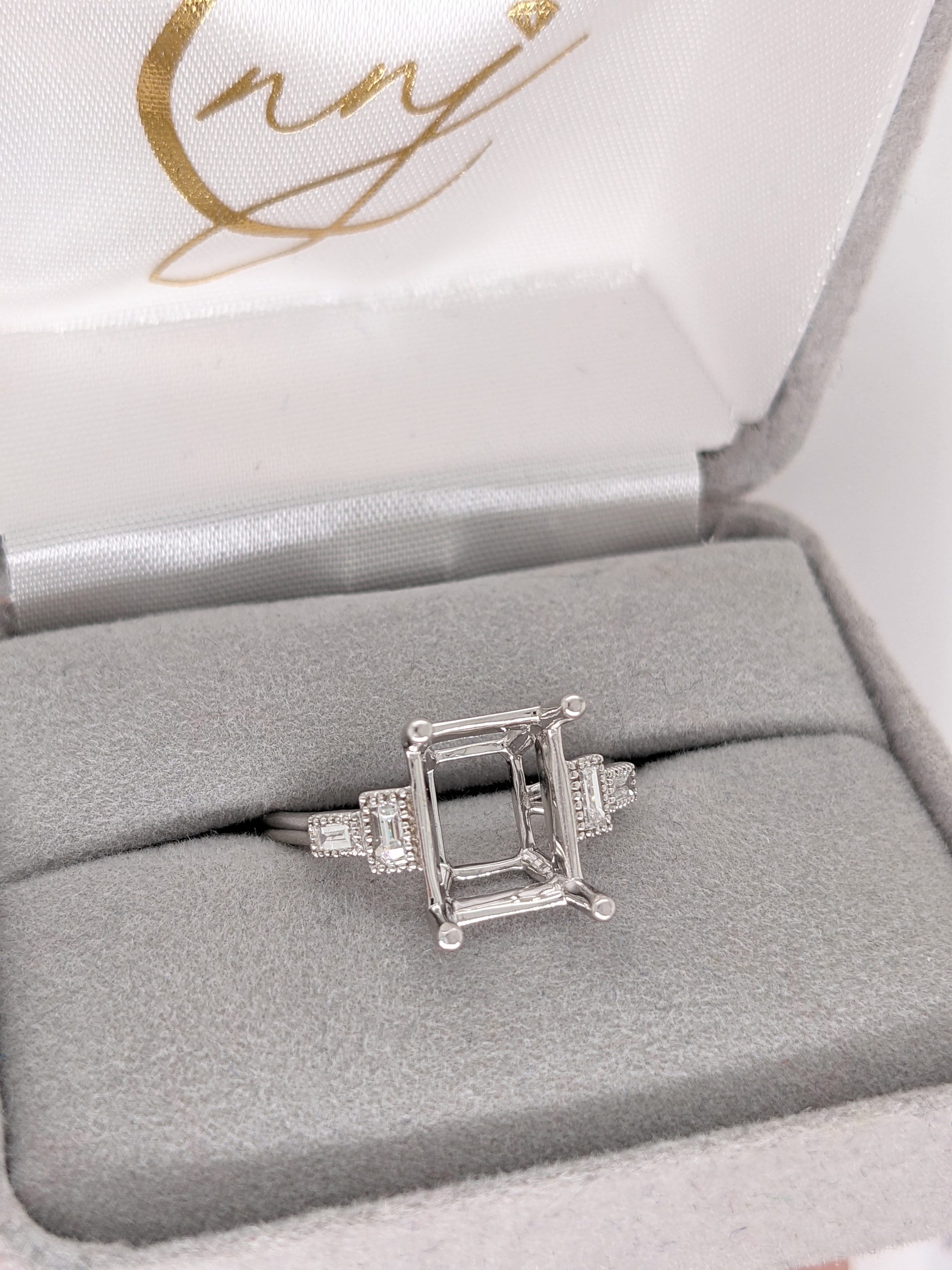 Elegant Ring Semi Mount in 14K Solid Gold w Baguette Diamond Accents | Milgrain Detail | Emerald Cut Prong Setting | Custom Sizes