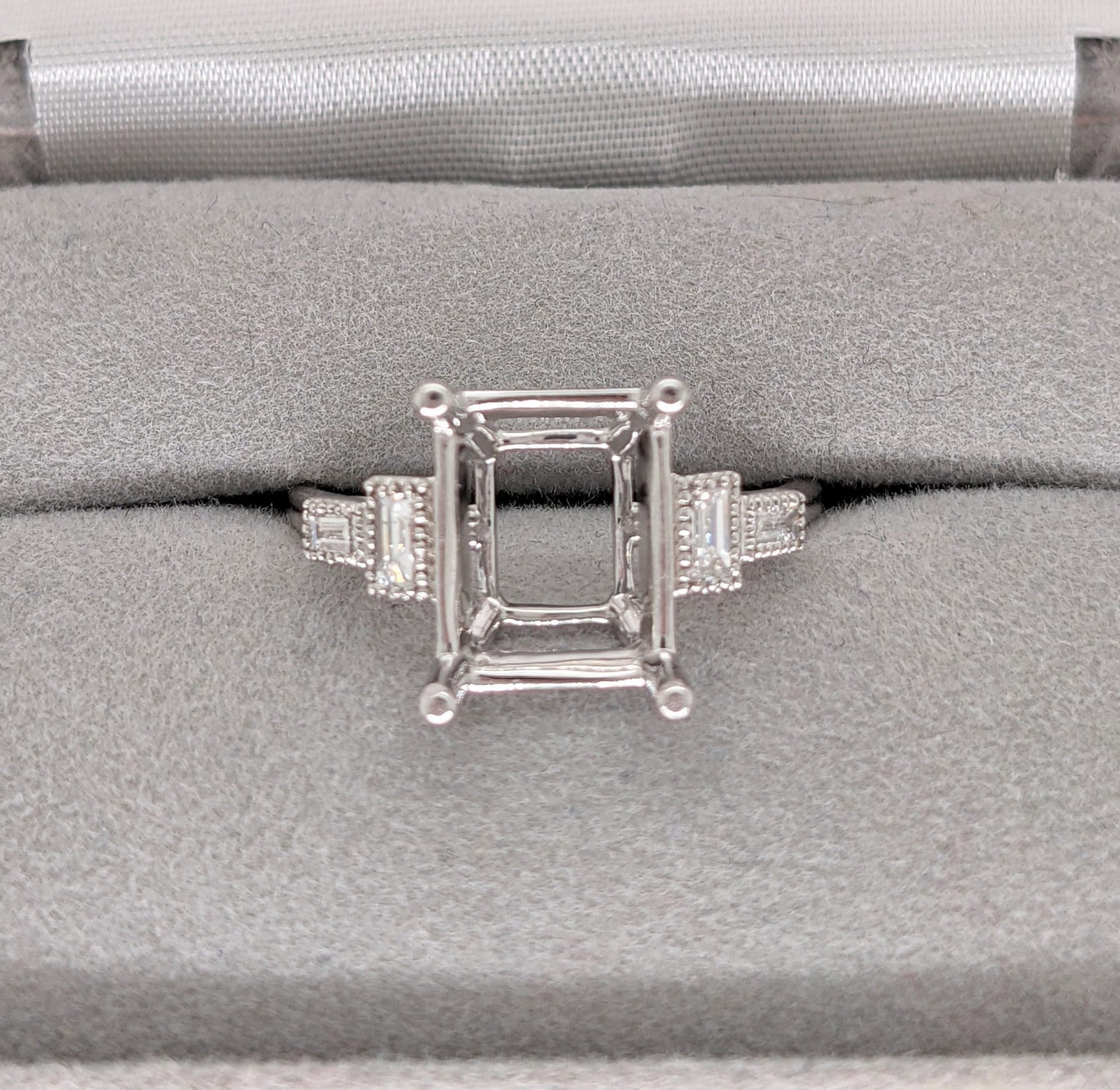 Elegant Ring Semi Mount in 14K Solid Gold w Baguette Diamond Accents | Milgrain Detail | Emerald Cut Prong Setting | Custom Sizes