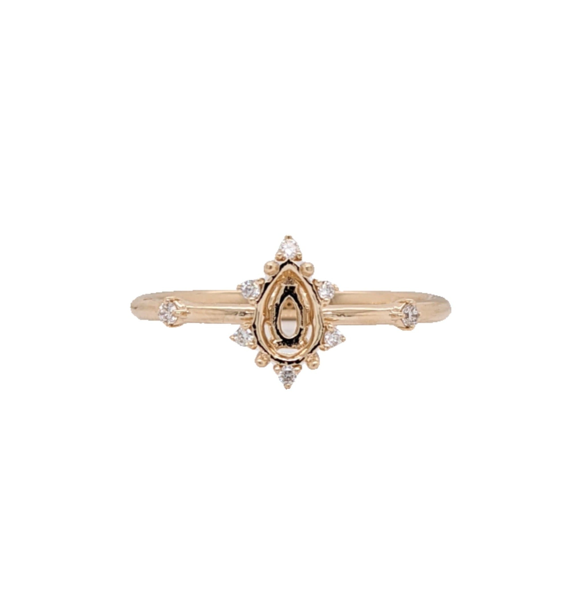 Dainty Ring Semi Mount w Natural Diamond Accents in 14K Solid Gold | Pear Shape Prong Setting | Custom Sizes | Engagement Ring Semi Mount