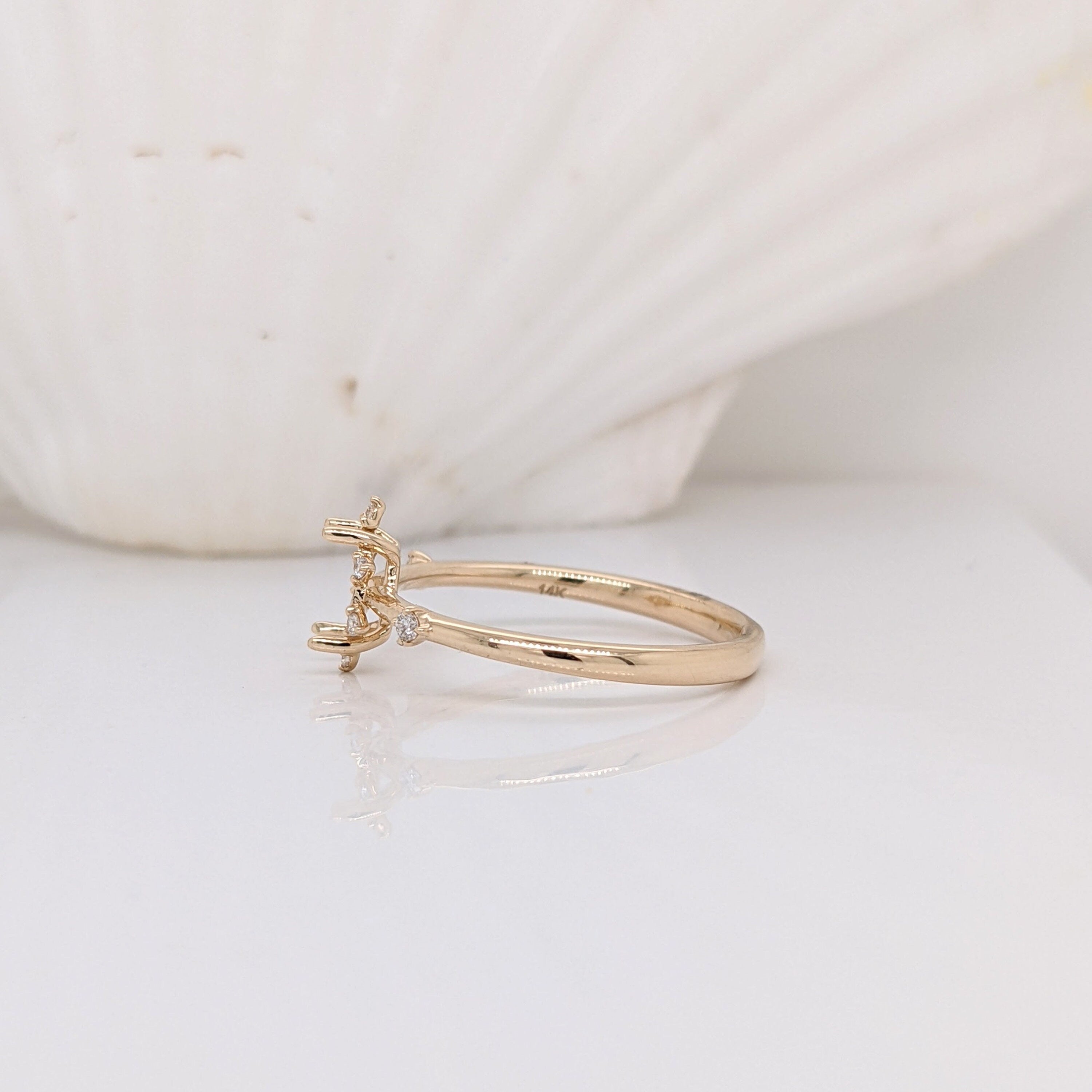 Dainty Ring Semi Mount w Natural Diamond Accents in 14K Solid Gold | Pear Shape Prong Setting | Custom Sizes | Engagement Ring Semi Mount