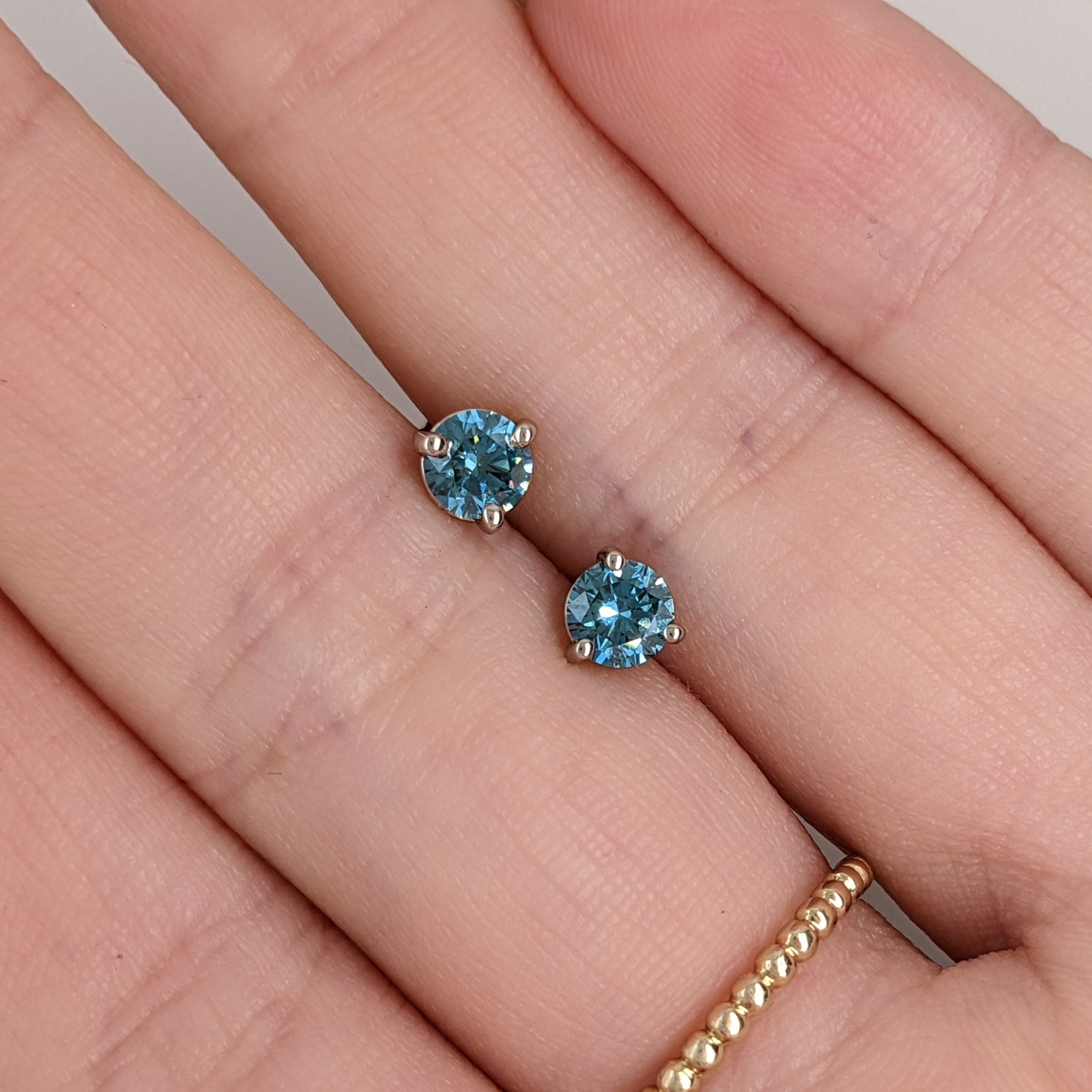 Blue Diamond Studs in Solid 14K White, Yellow or Rose Gold | Round 5mm | Martini 3 Prong | Minimalist | Customizable | Daily Wear Earrings
