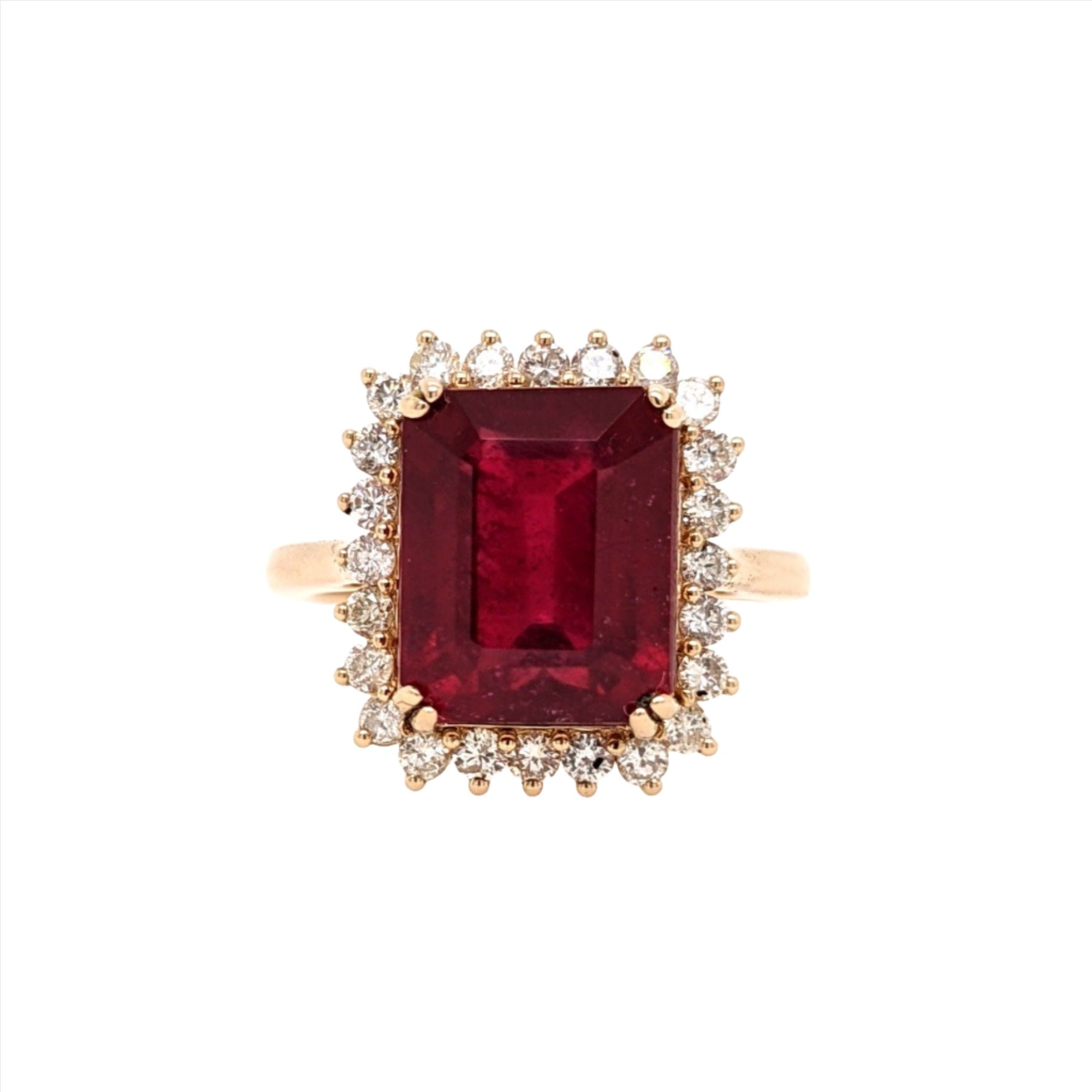 8 carat Ruby Ring w an Earth Mined Diamond Halo | Solid 14K Yellow Gold | Emerald Cut 11x9mm | Pigeon Blood | Red Gemstone | July Birthstone