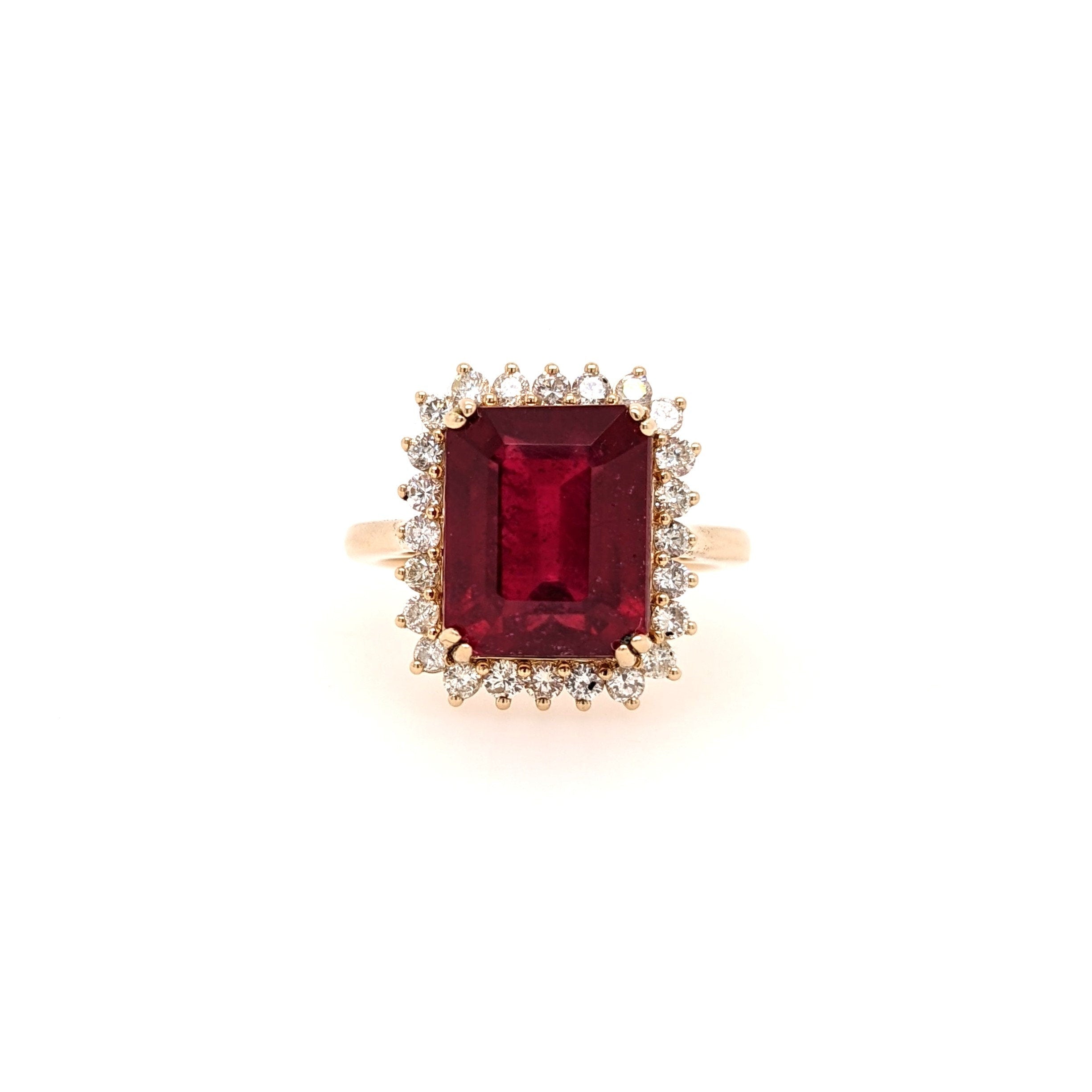 8 carat Ruby Ring w an Earth Mined Diamond Halo | Solid 14K Yellow Gold | Emerald Cut 11x9mm | Pigeon Blood | Red Gemstone | July Birthstone