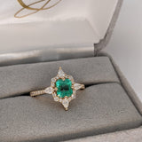 Compass Rose Inspired Halo Design w Natural Diamonds | Ring Semi Mount in 14K Solid Gold | Emerald Cut 5mm 6mm + | Compass Prong | Custom