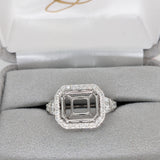 Elegant Ring Semi Mount in 14K Solid Gold w Baguette Diamond Accents | Milgrain Detail | Emerald Cut East West Prong Setting | Custom Sizes