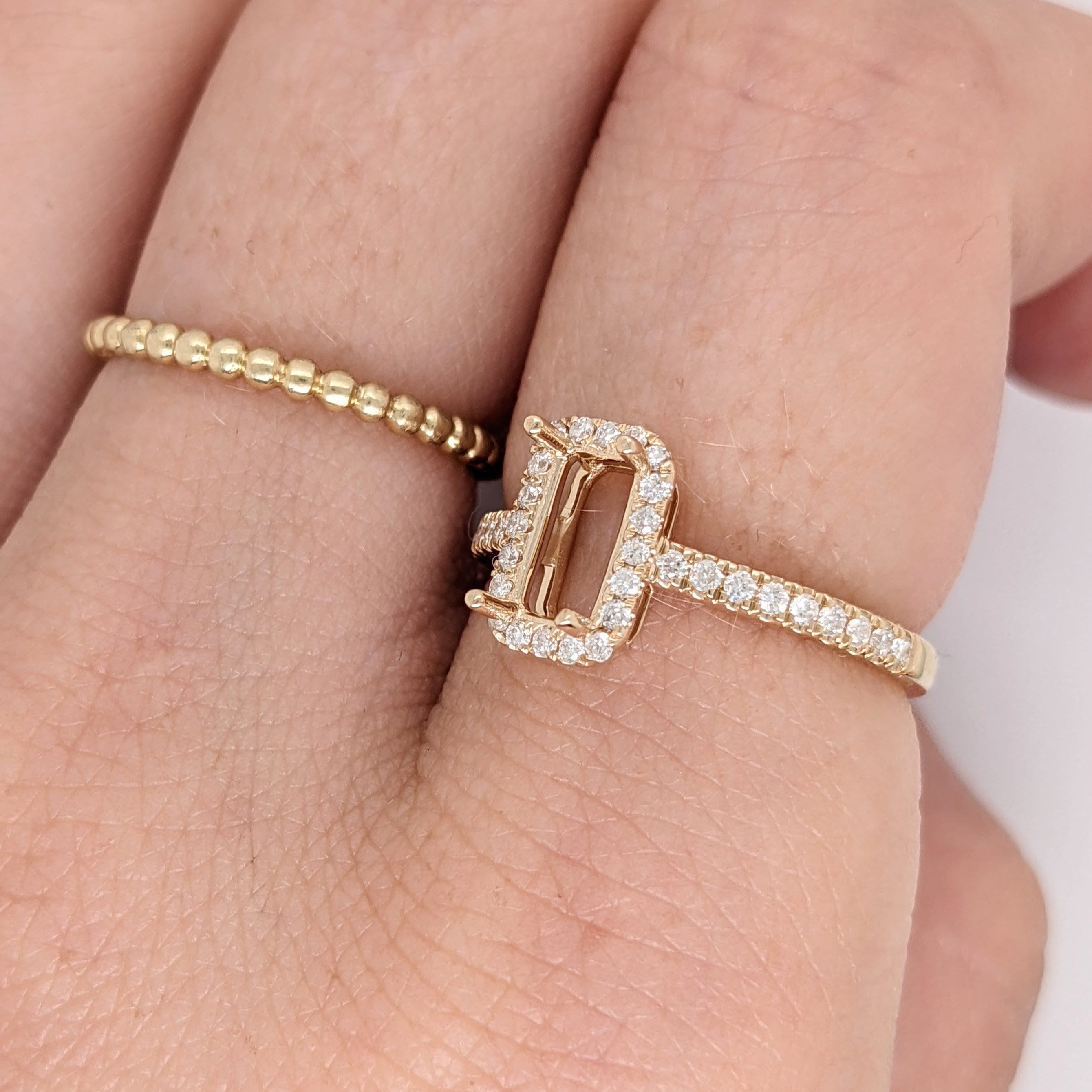 Traditional Emerald Cut Ring Semi Mount in 14K Yellow, White, Rose Gold w Pave Diamond Halo | Emerald Cut 7x4mm | Customizable