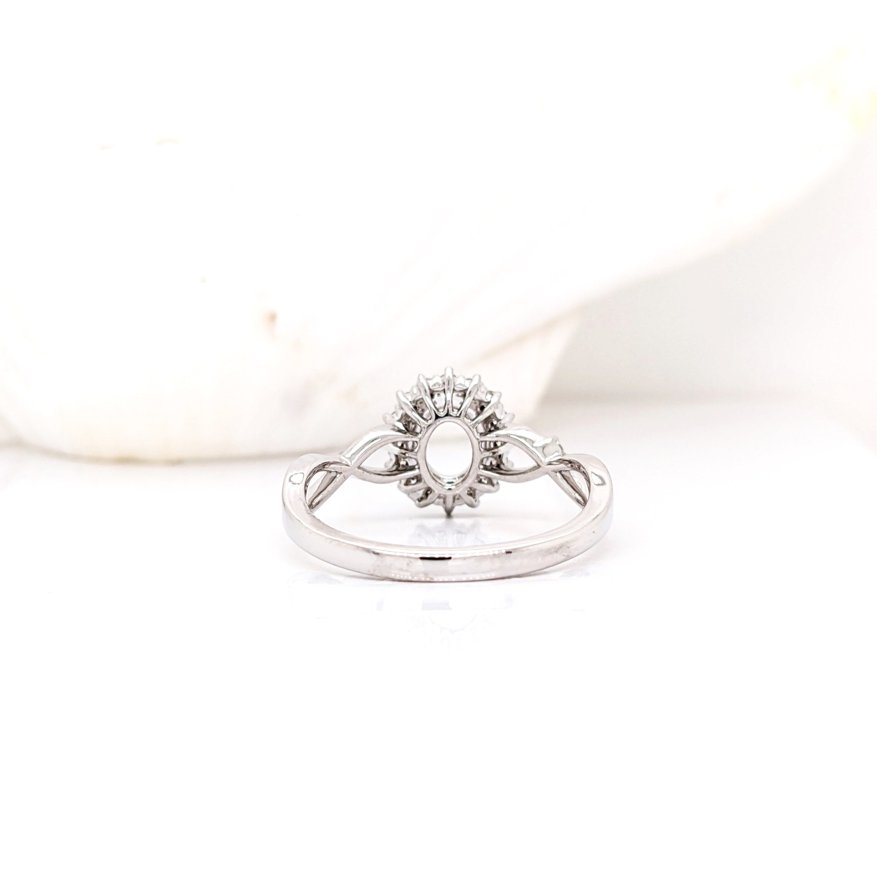 Oval Ring Semi-mount with Diamond Halo in 14k Gold w Crossover Band I Customizable