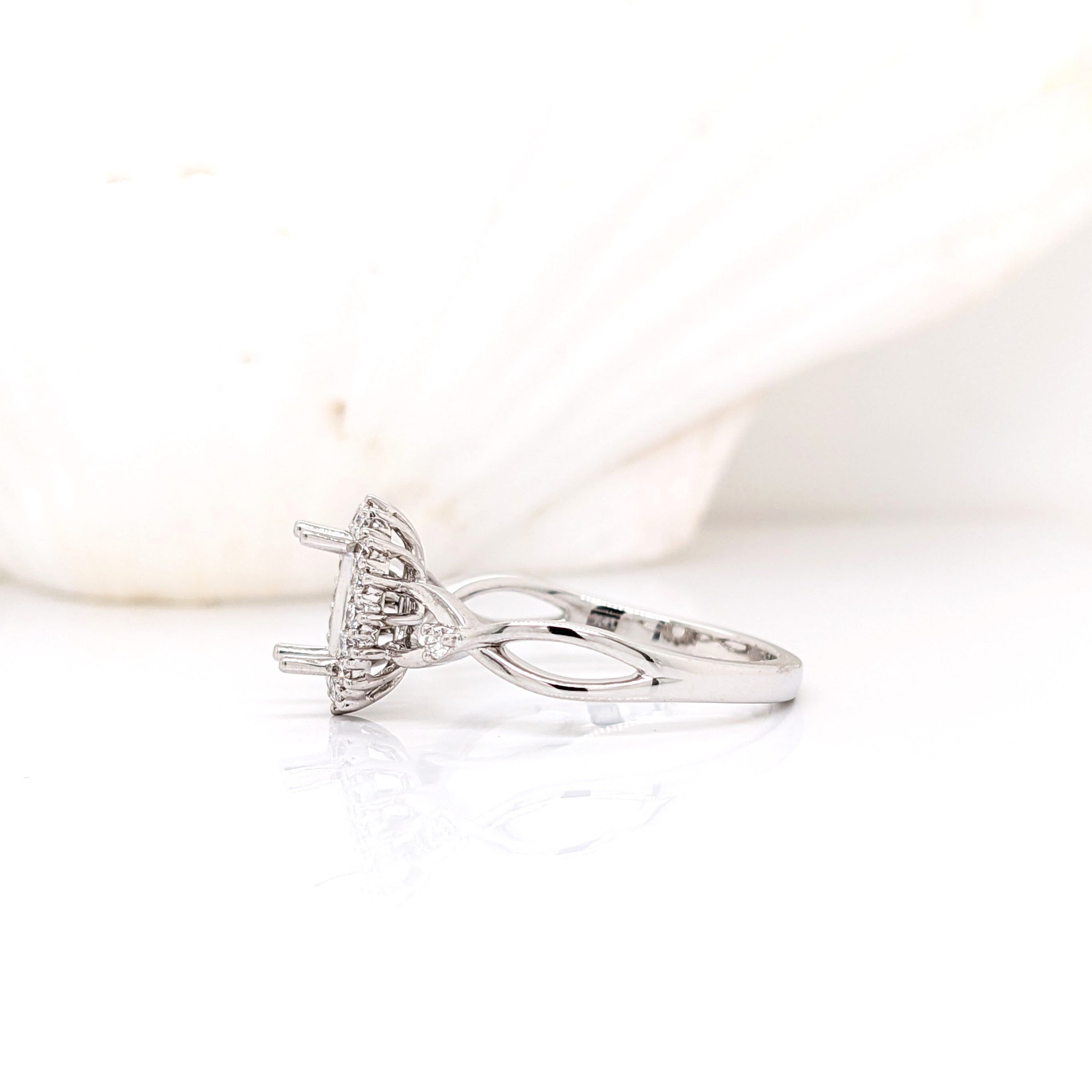 Oval Ring Semi-mount with Diamond Halo in 14k Gold w Crossover Band I Customizable