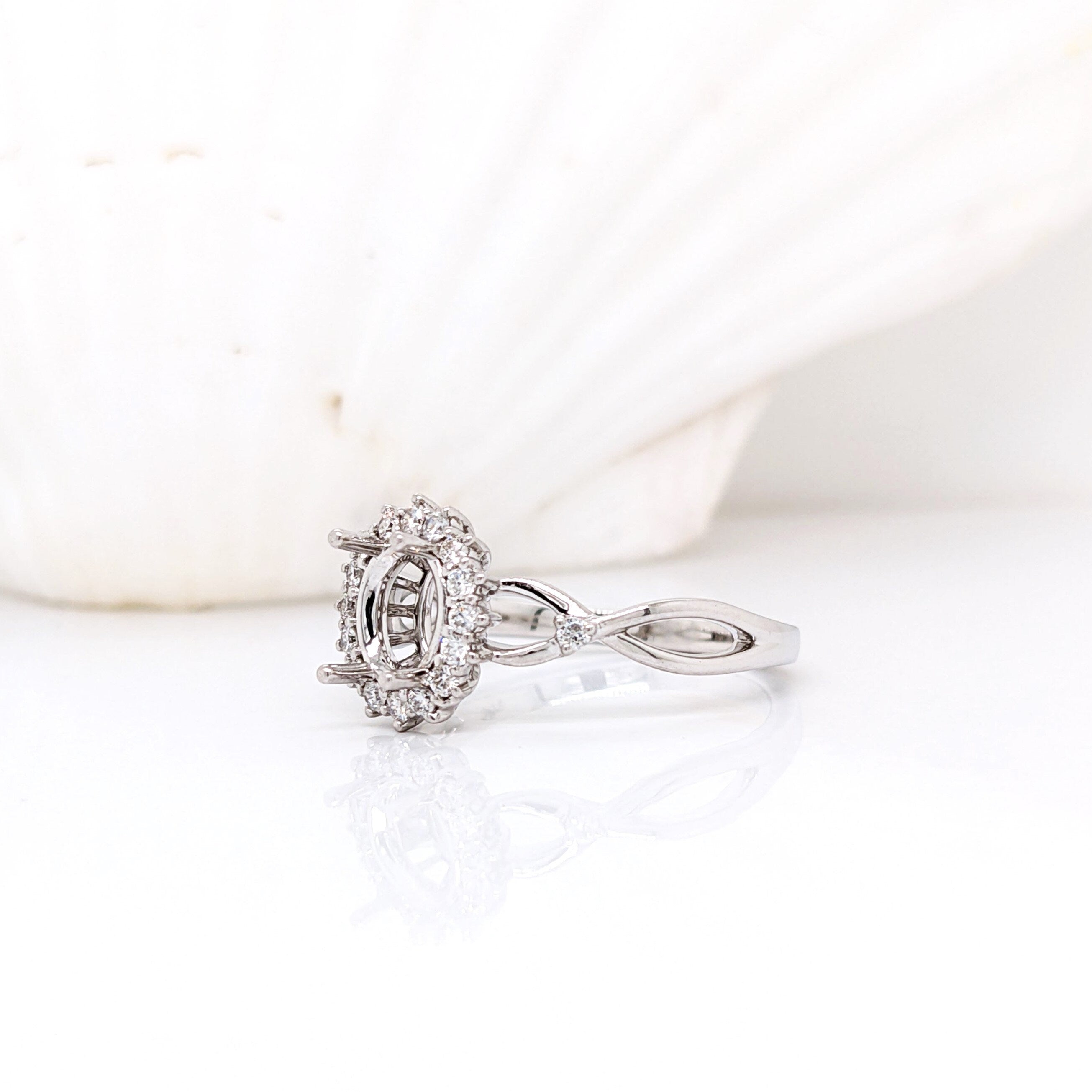 Oval Ring Semi-mount with Diamond Halo in 14k Gold w Crossover Band I Customizable