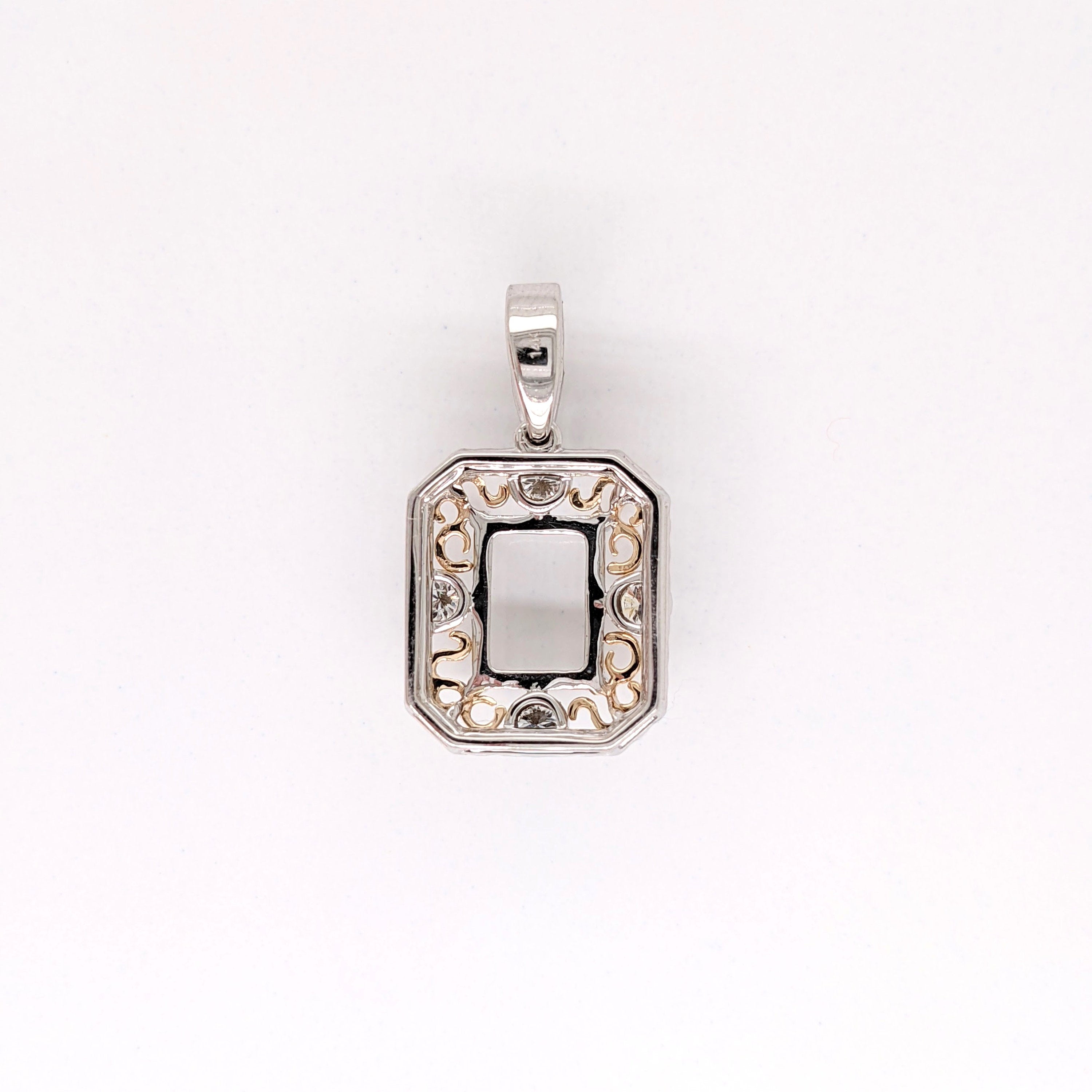 Dual Tone Filigree Pendant Setting w a Diamond Halo in 14k Gold | Emerald Cut | Customizable | Gemstone Setting | Heirloom Pendant