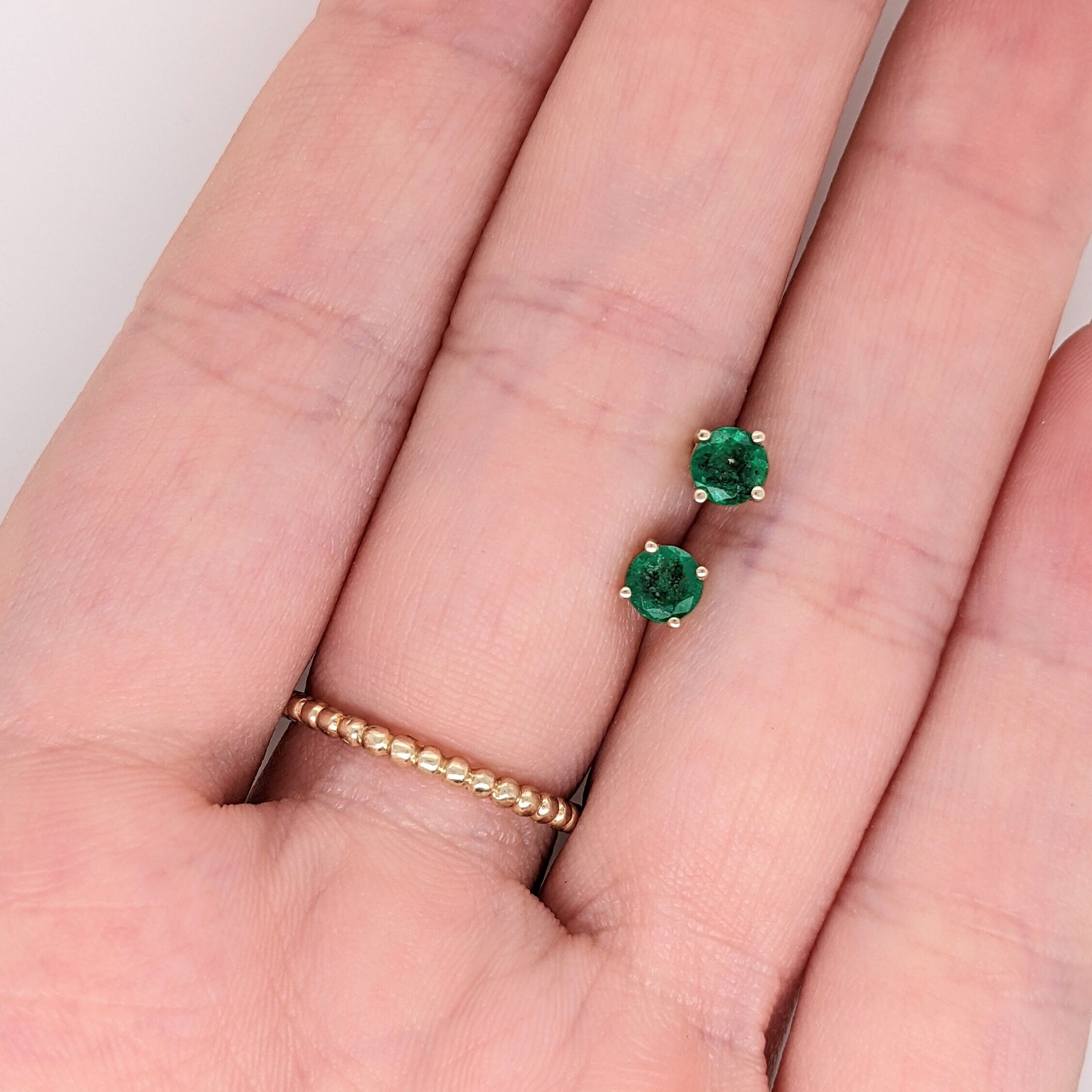 Zambian Emerald Studs in Solid 14k Yellow, White or Rose Gold | Round 4mm | May Birthstone | Pushback Earrings | Four Prong | Natural Gems