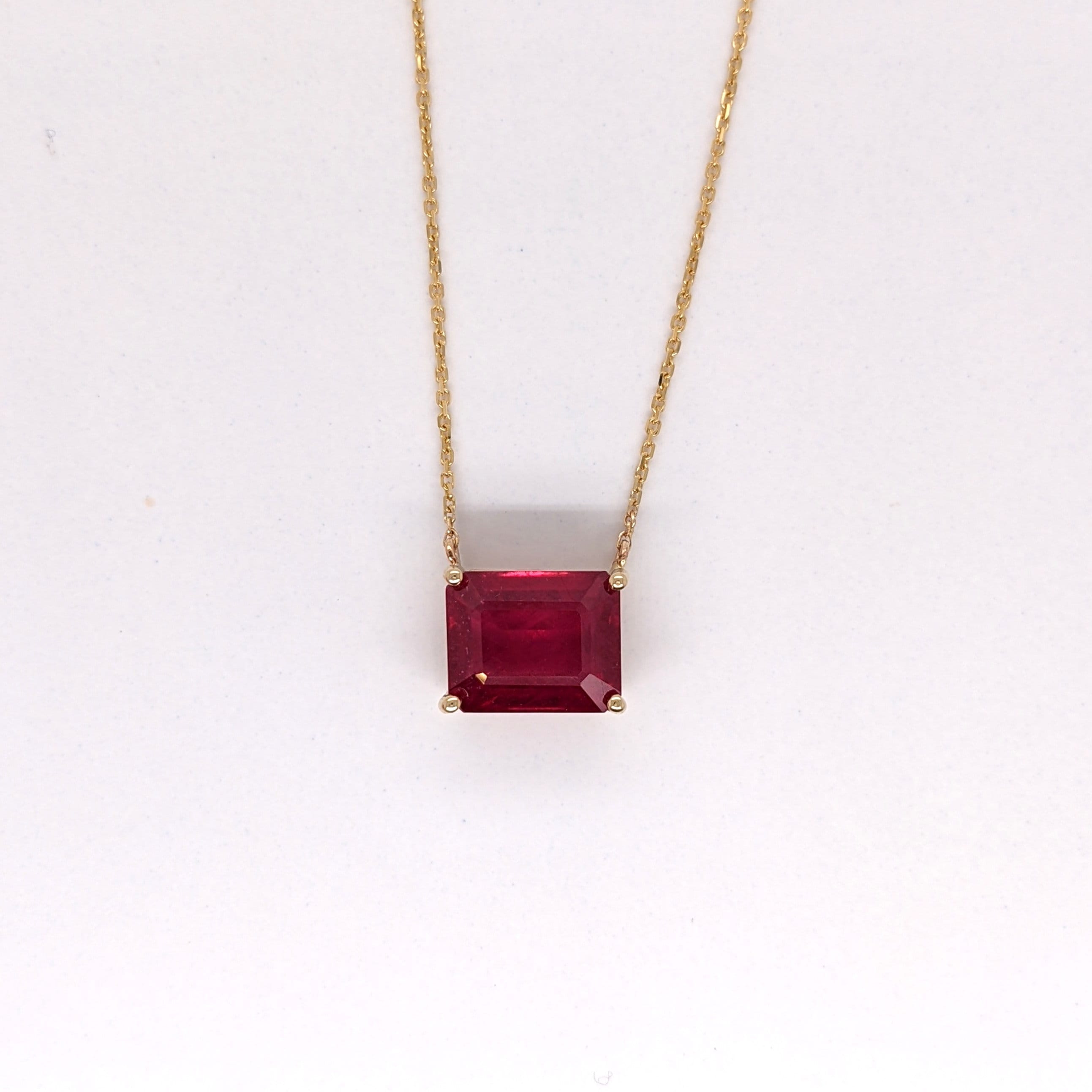 Solitaire Madagascar Ruby Pendant in Solid 14k White, Yellow or Rose Gold | Emerald Cut 9x7mm | East West | Red Gemstone | July Birthstone