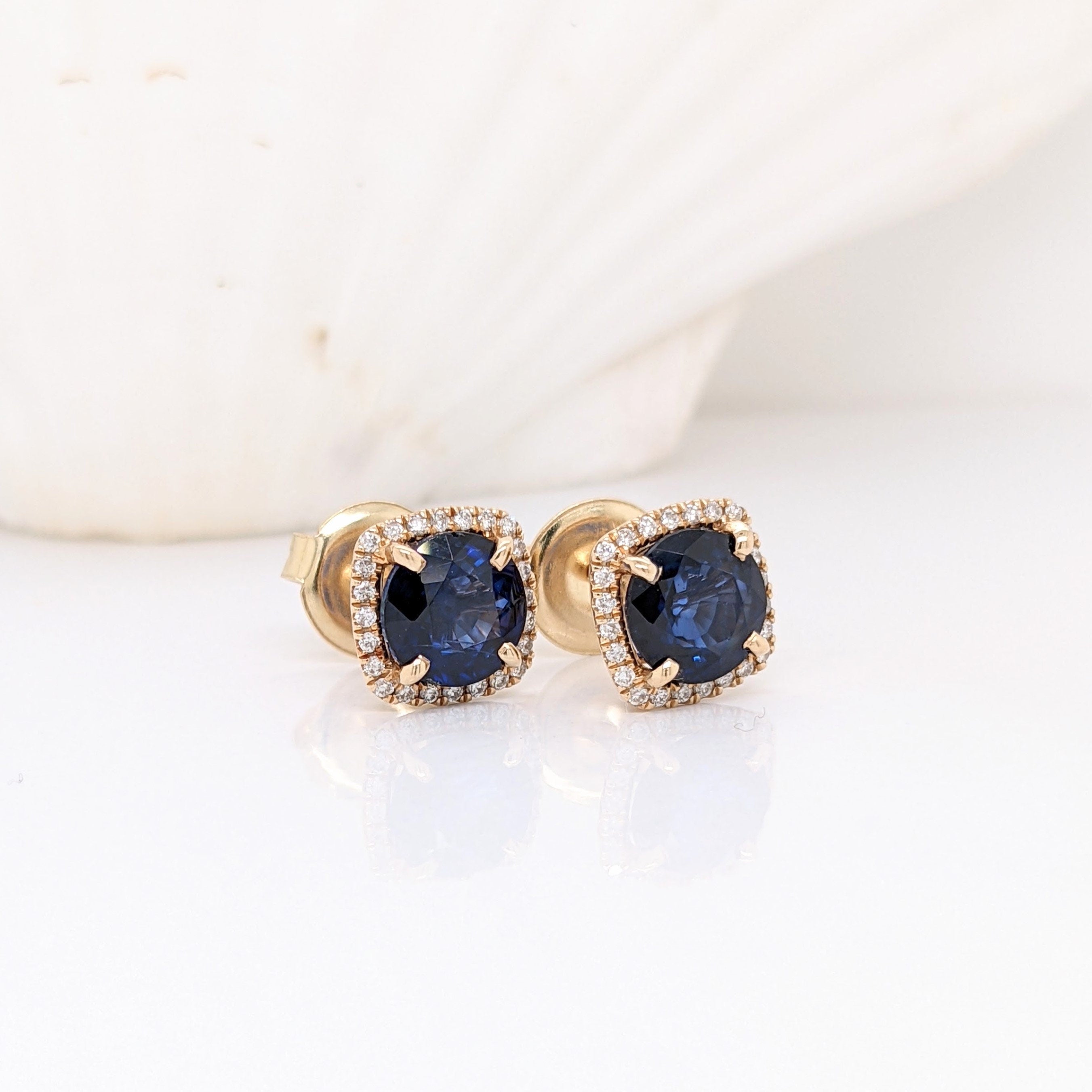 Ceylon Sapphire Studs in Solid 14K Yellow Gold with a Natural Diamond Halo | Cushion | Blue Gemstone | Classic | Elegant | Sept Birthstone