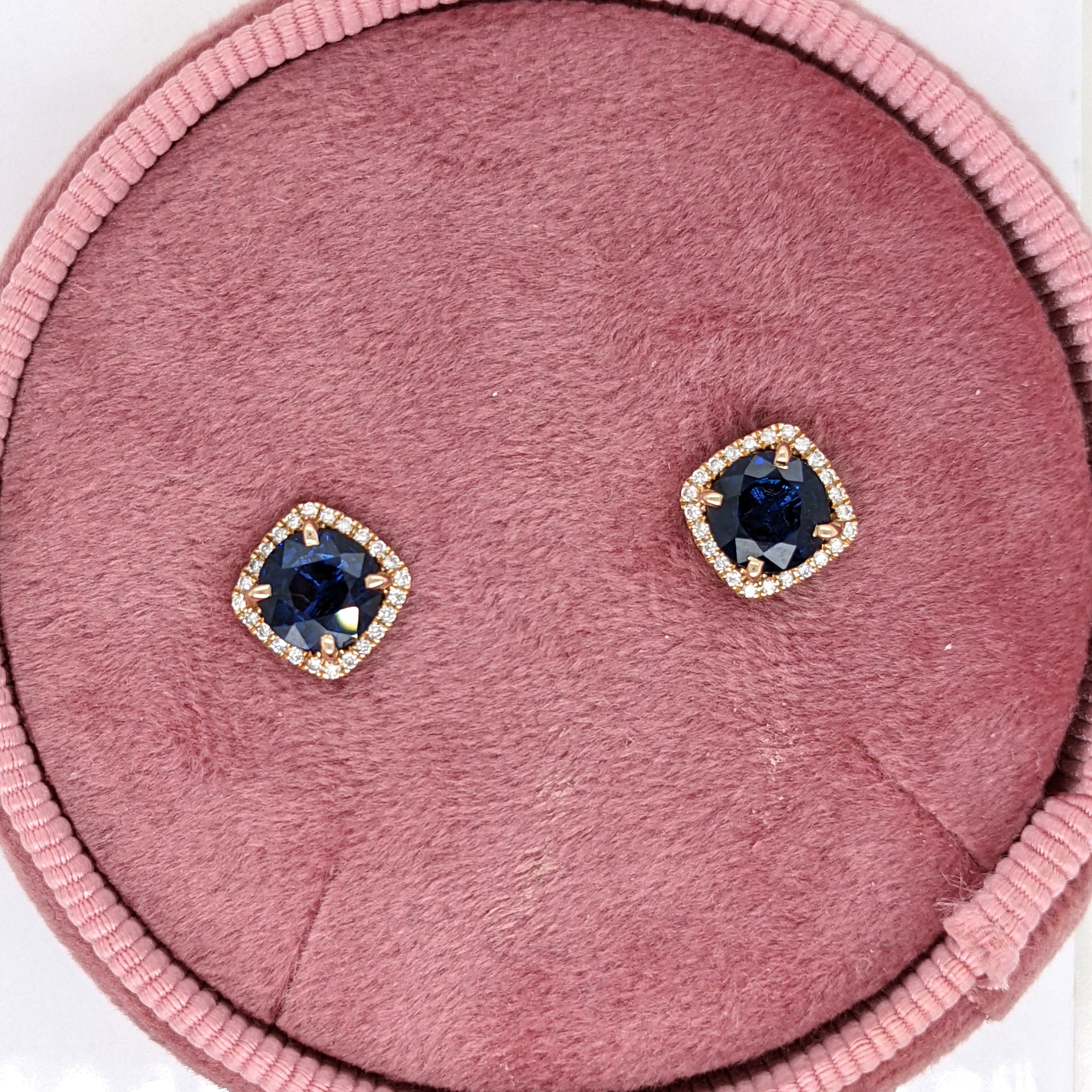 Ceylon Sapphire Studs in Solid 14K Yellow Gold with a Natural Diamond Halo | Cushion | Blue Gemstone | Classic | Elegant | Sept Birthstone