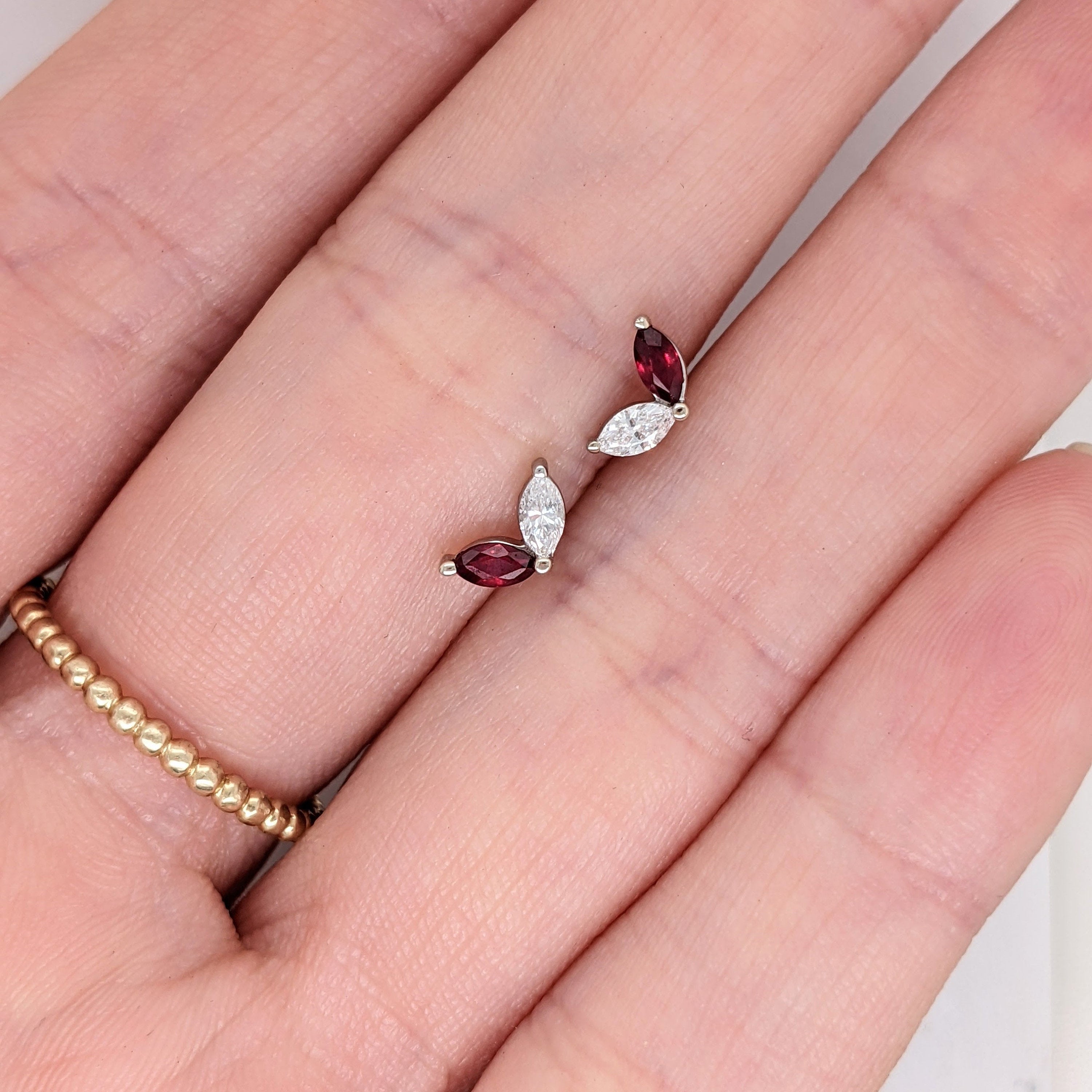 Marquise Ruby and Diamond Studs in Solid 14K White Gold | Natural Earth Mined Gemstone Earrings | Classic | Elegant | July Birthstone