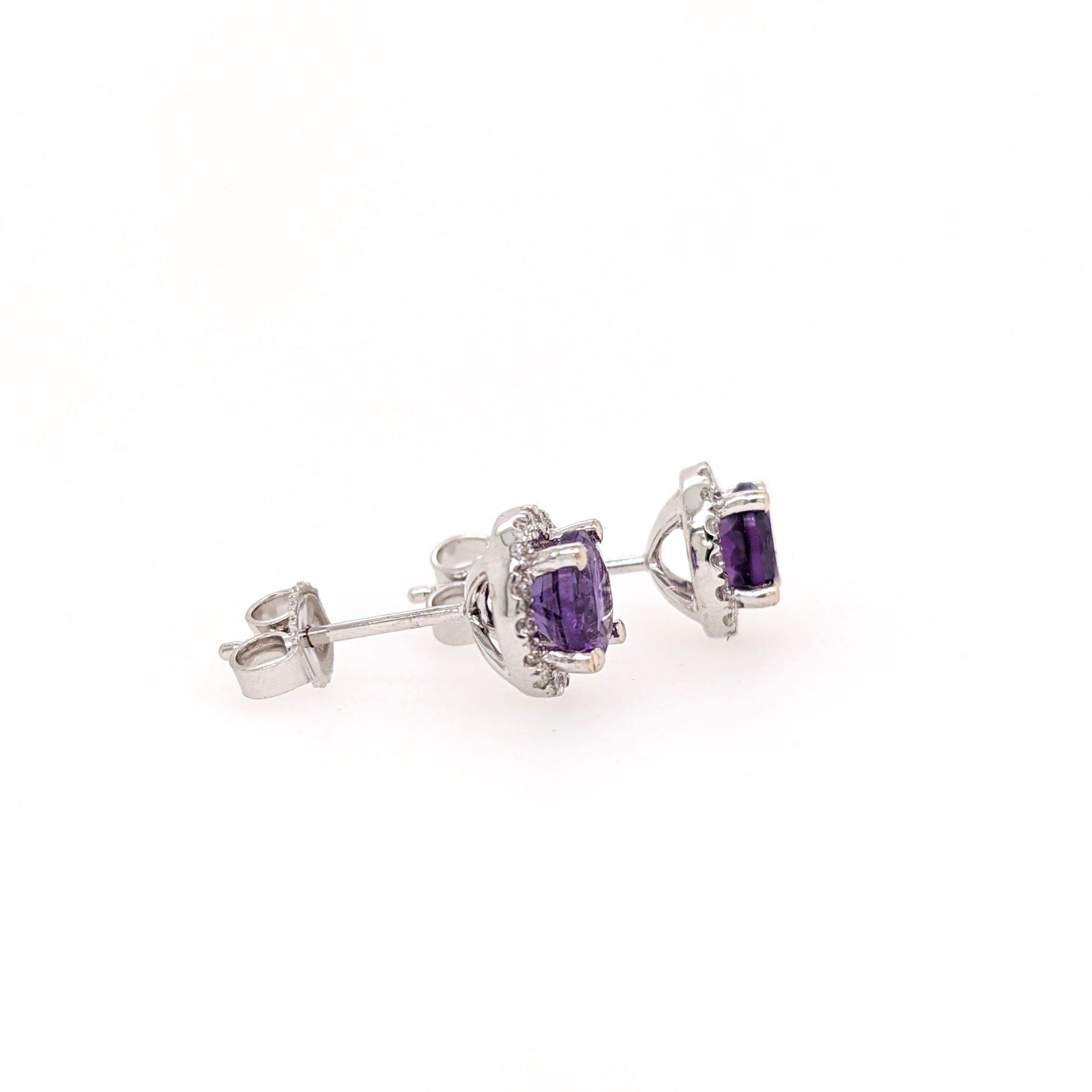 Amethyst Studs in 14K Solid Gold w a Natural Diamond Halo | Round 6mm | Prong Setting | Push Back | February Birthstone | Purple Earrings