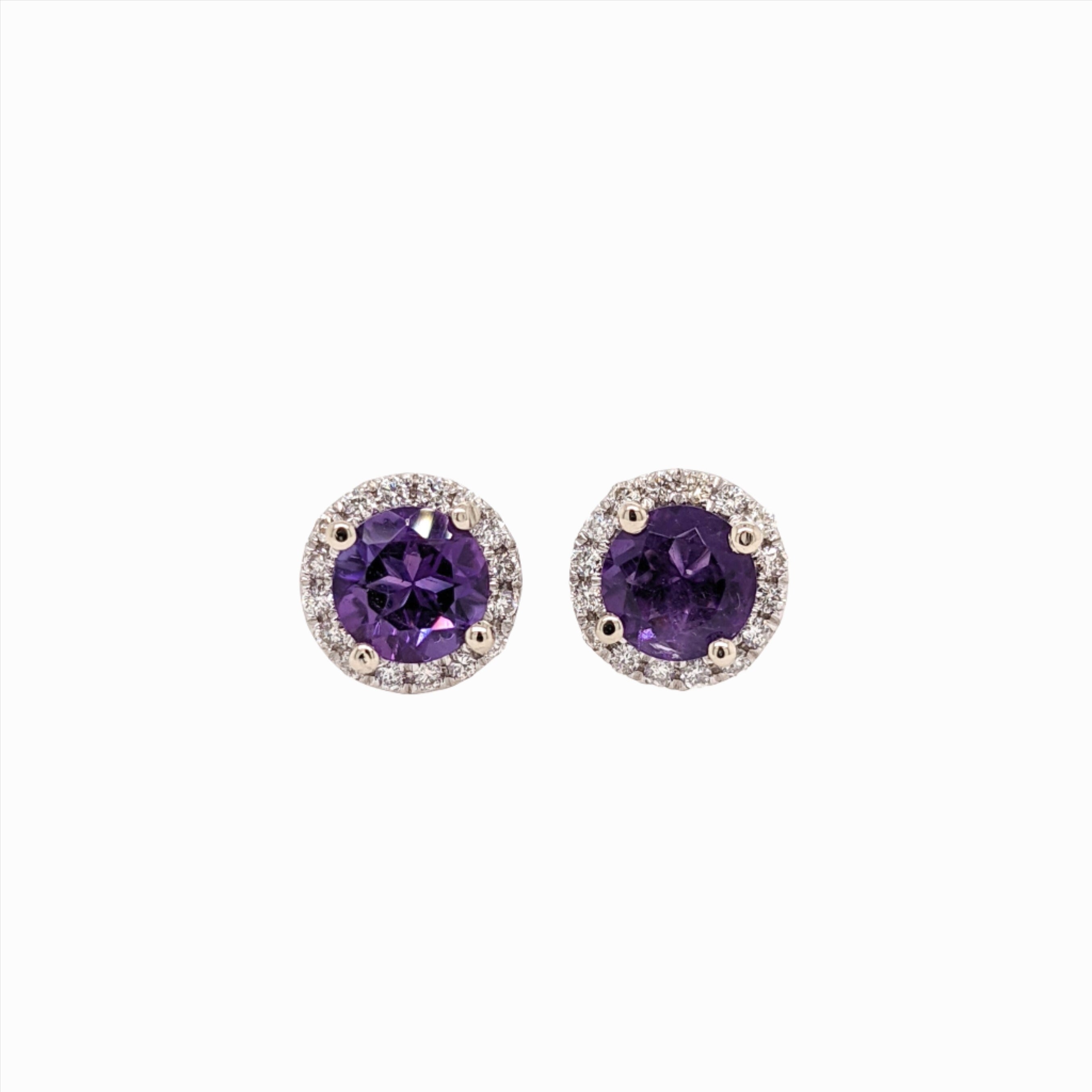 Amethyst Studs in 14K Solid Gold w a Natural Diamond Halo | Round 6mm