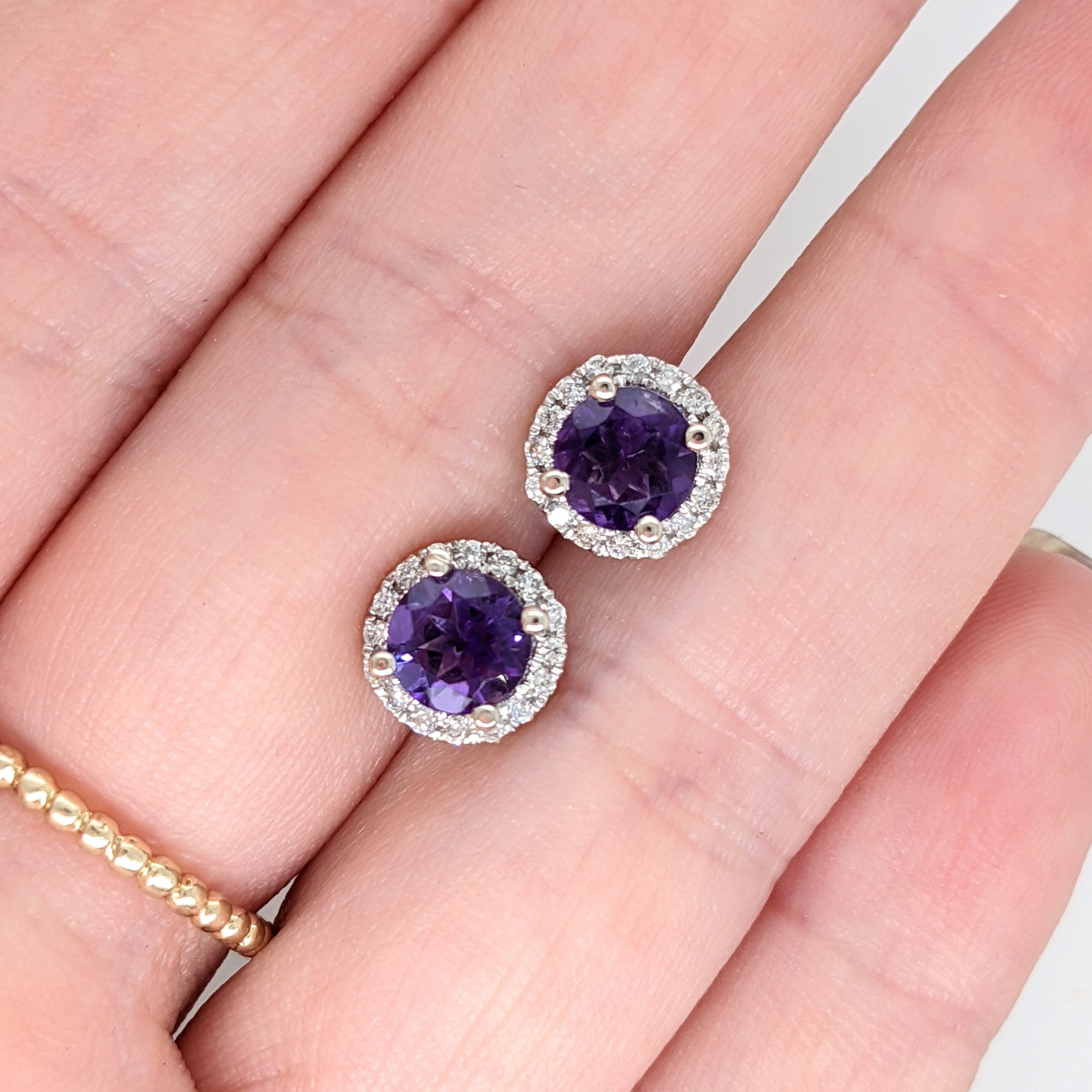 Amethyst Studs in 14K Solid Gold w a Natural Diamond Halo | Round 6mm | Prong Setting | Push Back | February Birthstone | Purple Earrings