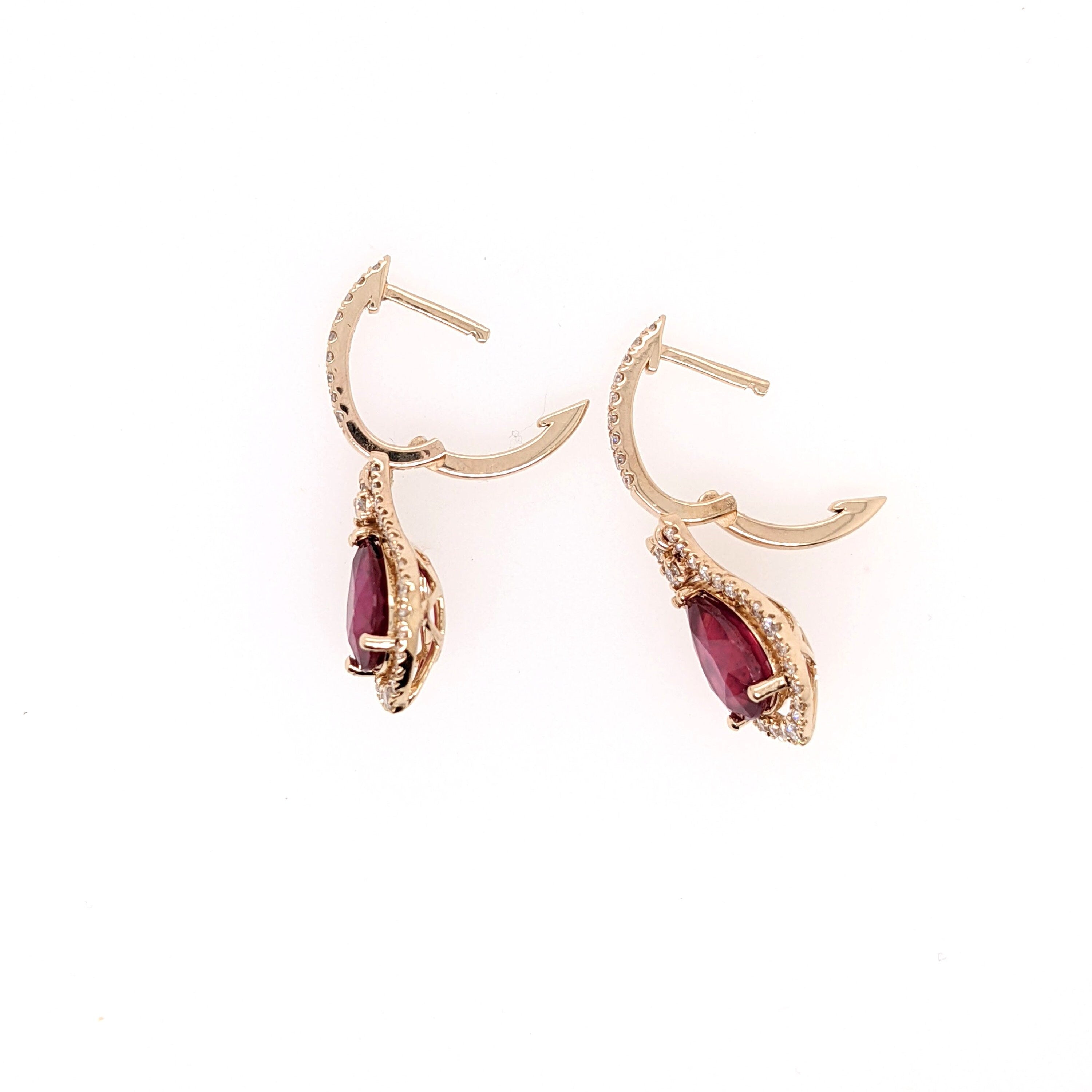 Pigeon Blood Red Ruby Drop Earrings in 14k Solid Yellow Gold w a Natural Diamond Halo | Pear Shape 9x7mm | July Birthstone