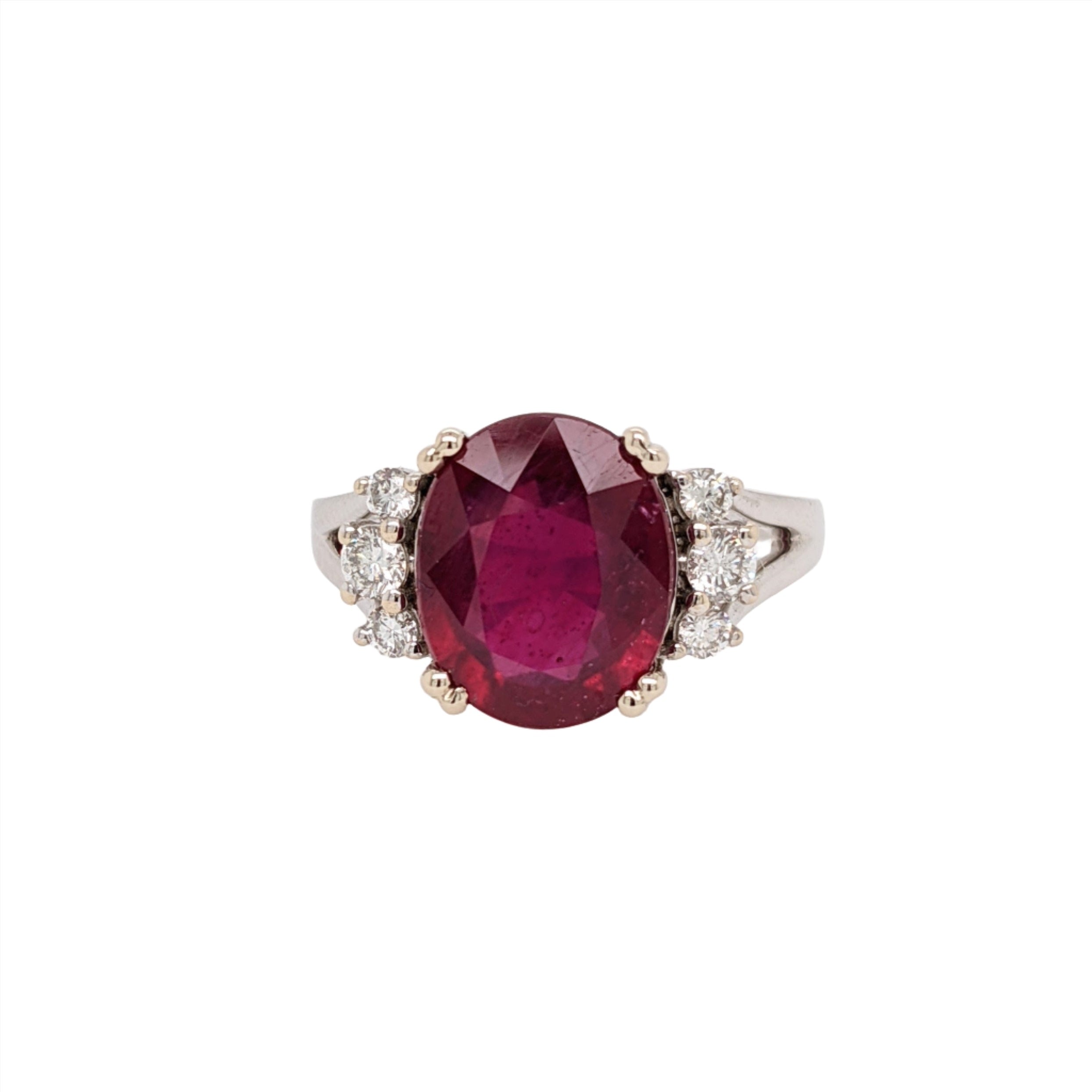 Radiant Pigeon Blood Red Ruby Ring in 14k White Gold w Natural Diamond Accents | Oval 11x9mm | July Birthstone | Split Shank