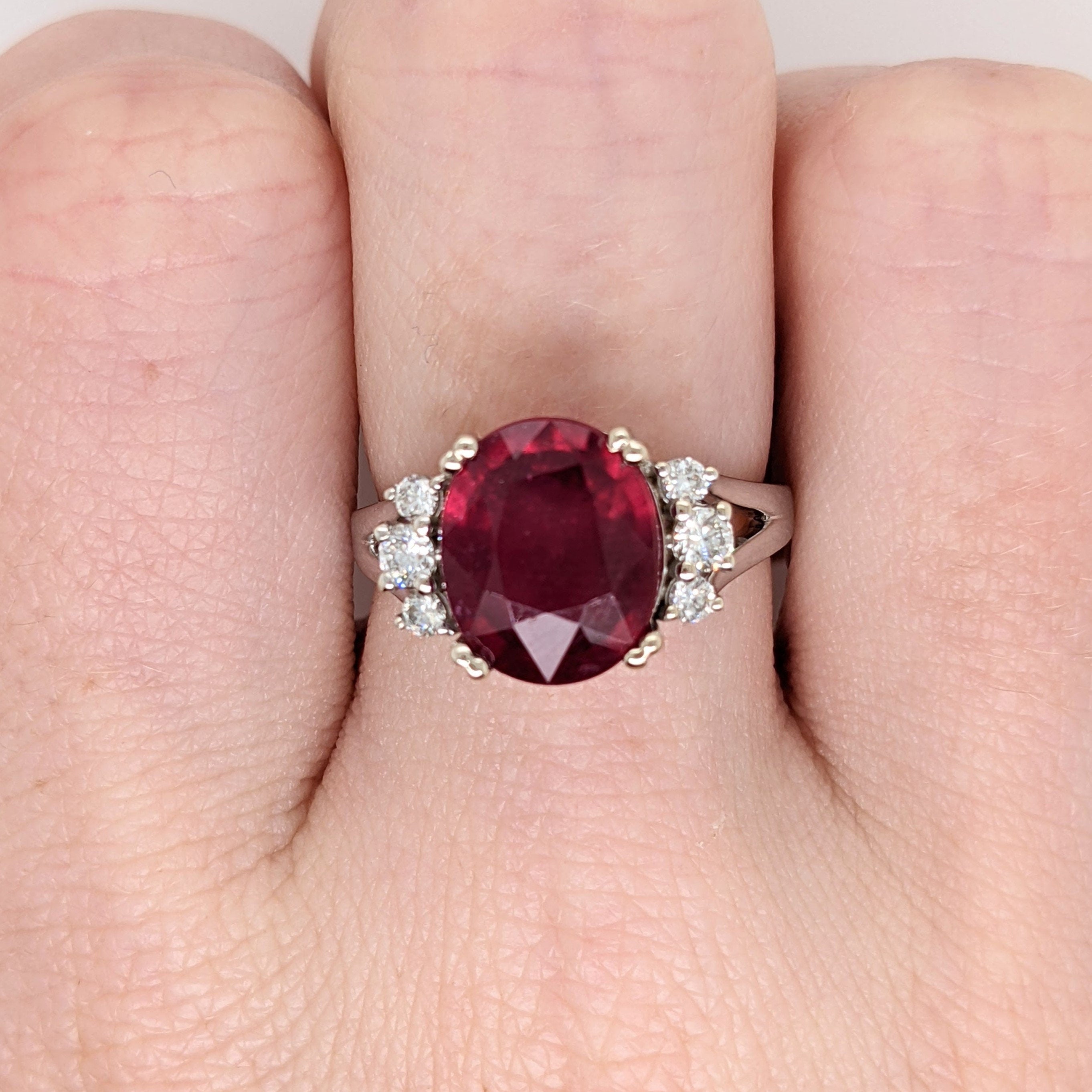 Radiant Pigeon Blood Red Ruby Ring in 14k White Gold w Natural Diamond Accents | Oval 11x9mm | July Birthstone | Split Shank