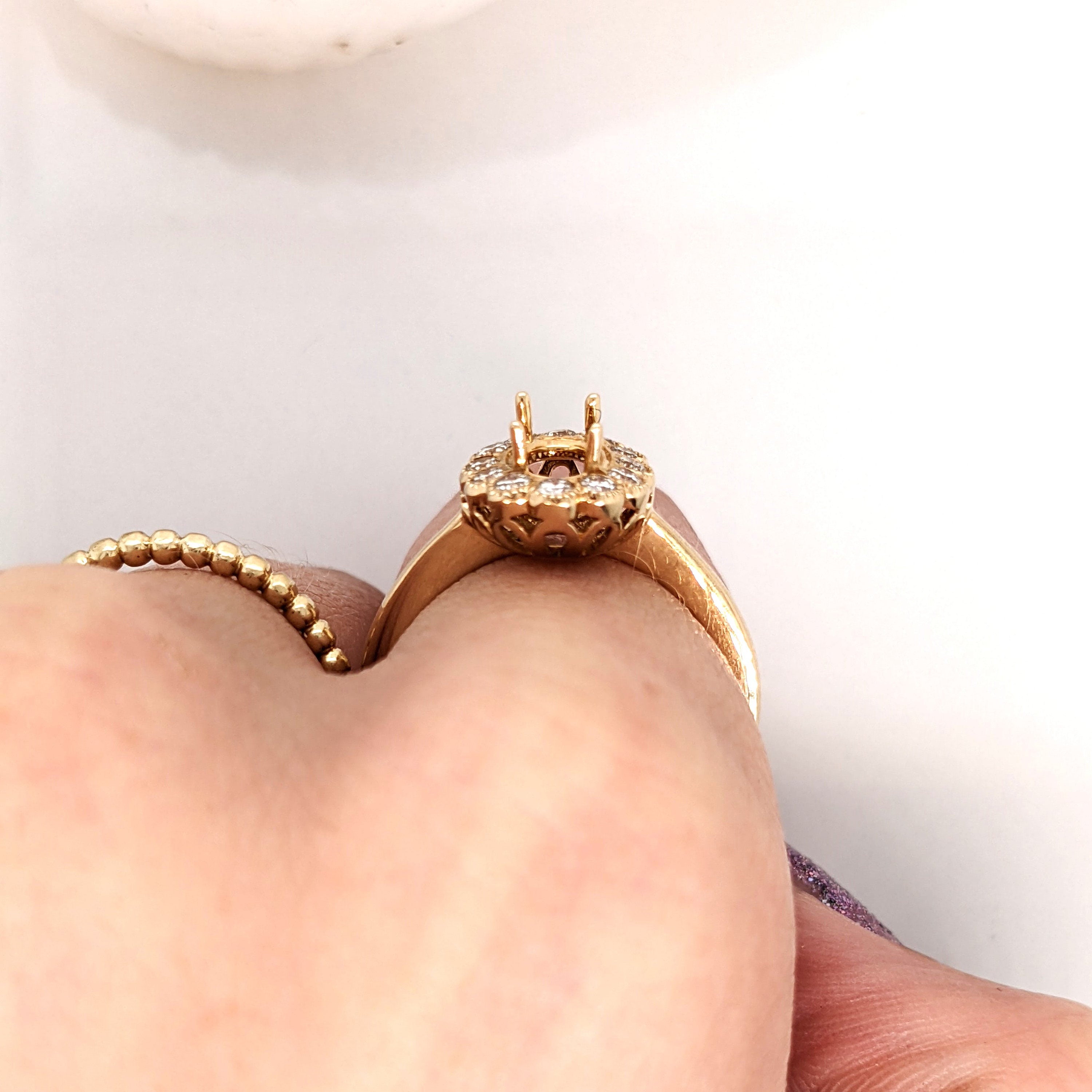 Oval Ring Semi Mount in Solid 14k White, Yellow or Rose Gold w Round Diamond Accents and Milgrain Details | Oval | Custom Sizes | Setting