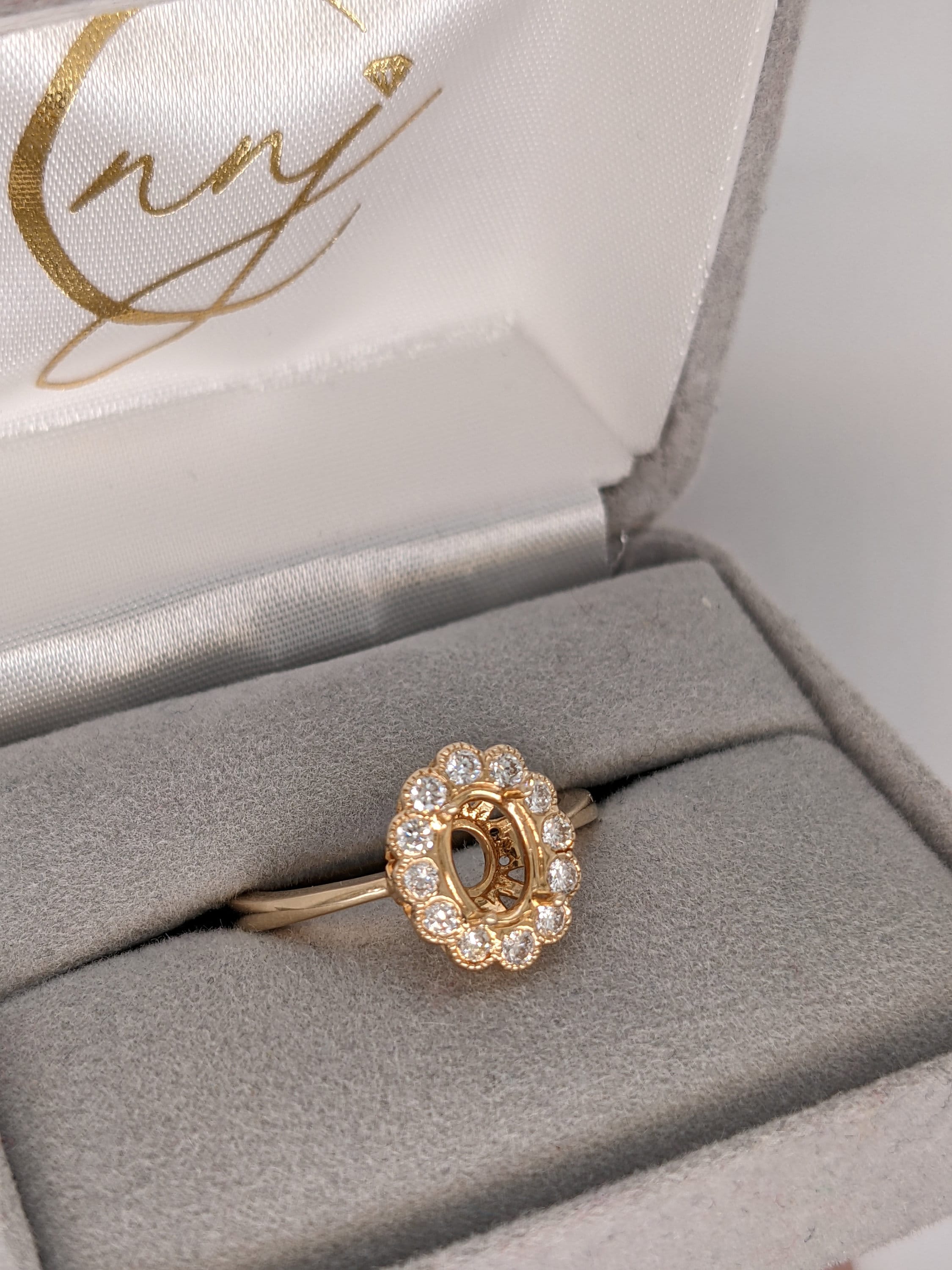 Oval Ring Semi Mount in Solid 14k White, Yellow or Rose Gold w Round Diamond Accents and Milgrain Details | Oval | Custom Sizes | Setting