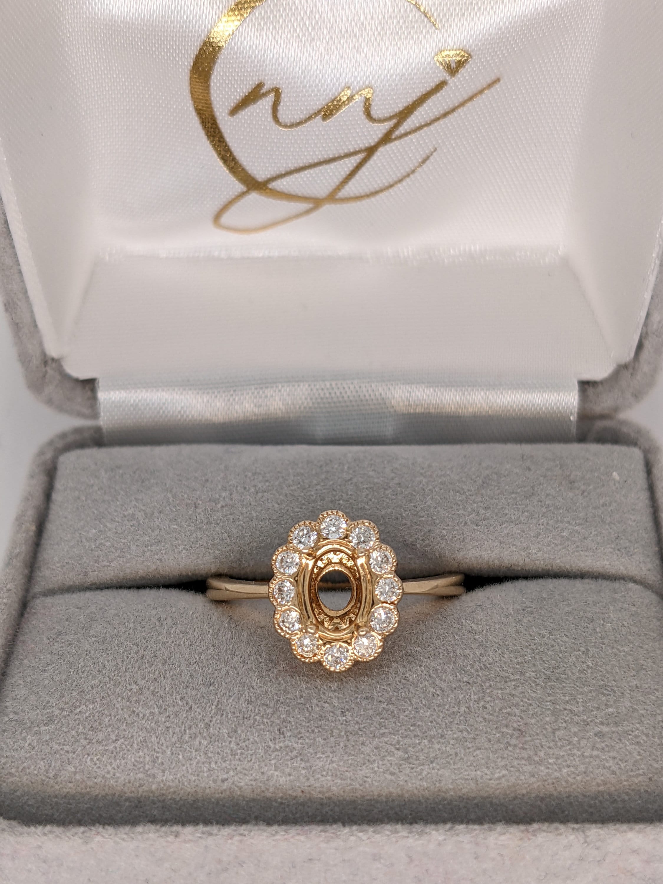 Oval Ring Semi Mount in Solid 14k White, Yellow or Rose Gold w Round Diamond Accents and Milgrain Details | Oval | Custom Sizes | Setting