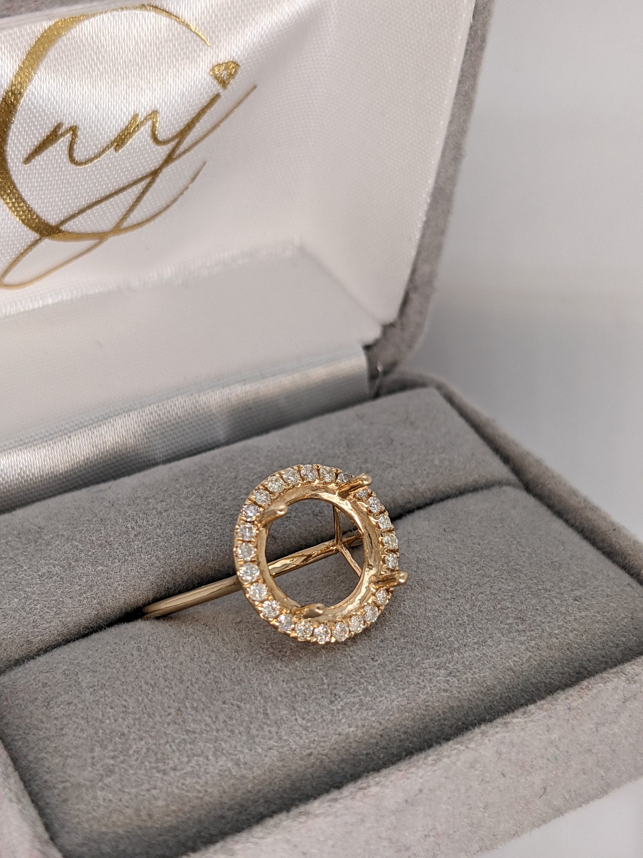 Ring Semi Mount in Solid 14k White, Yellow or Rose Gold w Round Diamond Accents | Round Prong Setting | Custom Sizes | Gemstone Setting