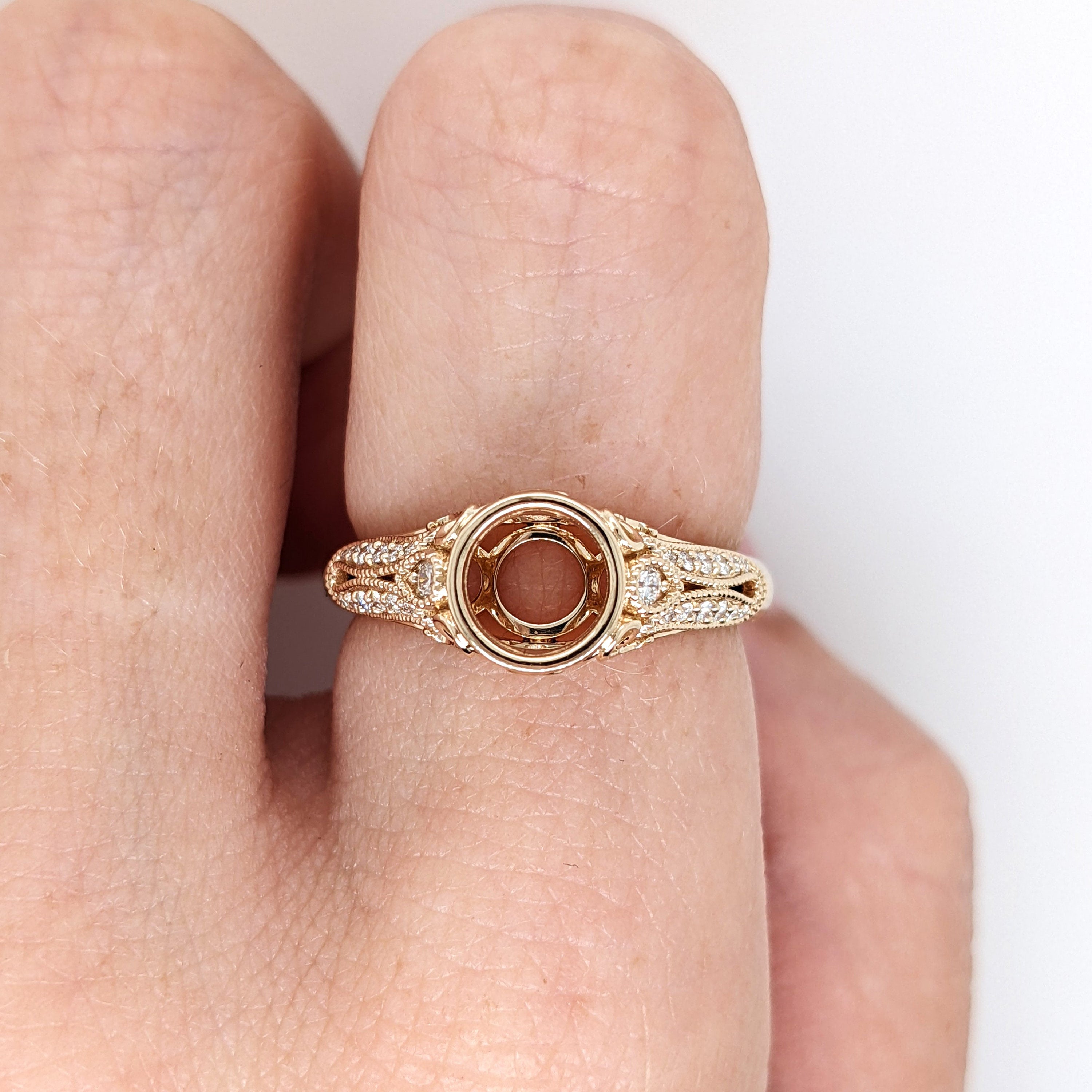 Detailed Vintage Style Ring Semi Mount in Solid 14k White, Yellow or Rose Gold w Round Diamond Accents | Round Bezel Setting | Custom Sizes