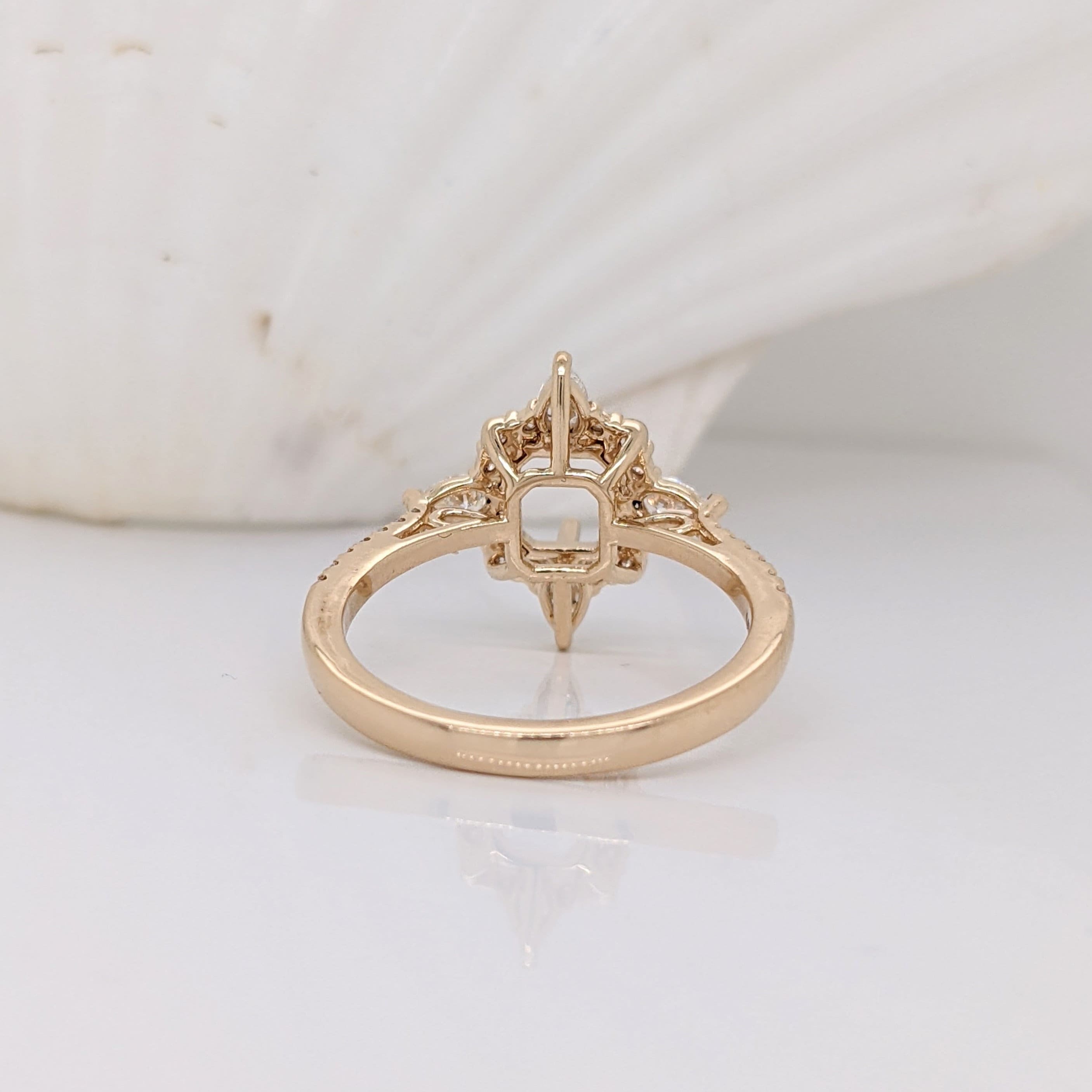 Compass Rose Inspired Halo Design w Natural Diamonds | Ring Semi Mount in 14K Solid Gold | Emerald Cut 5mm 6mm + | Compass Prong | Custom