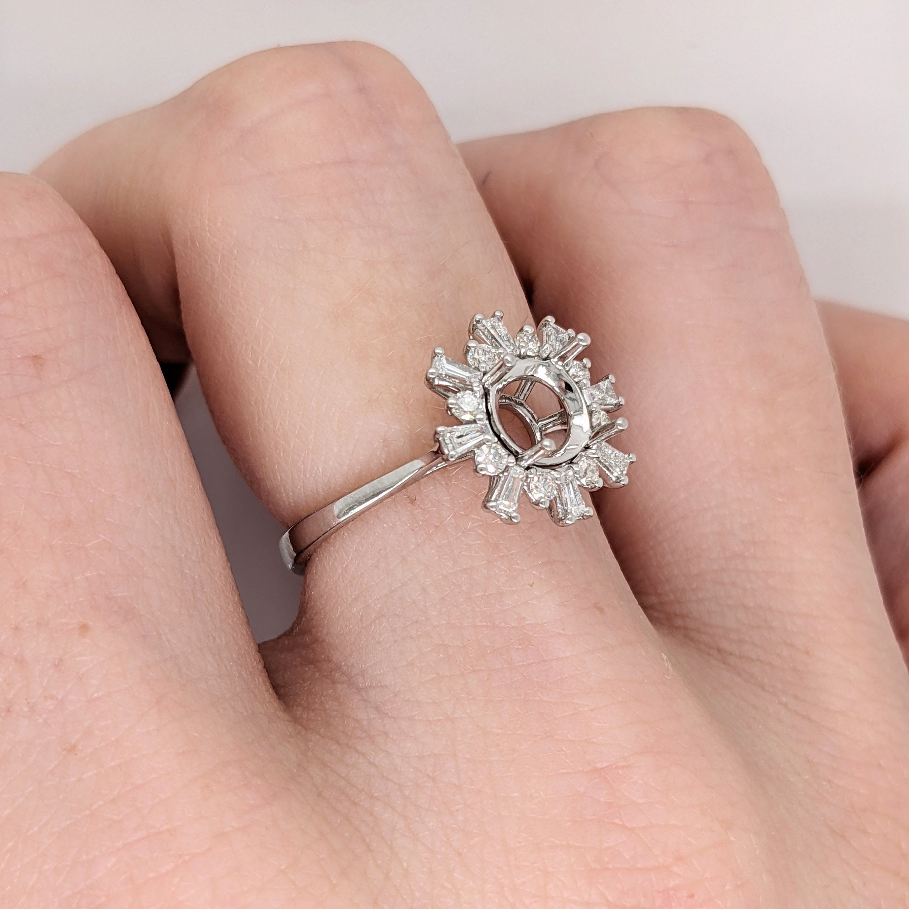 Unique Starburst Halo Design w Natural Baguette and Round Diamonds | Ring Semi Mount in 14K Solid Gold | Round Prong Setting | Custom Sizes