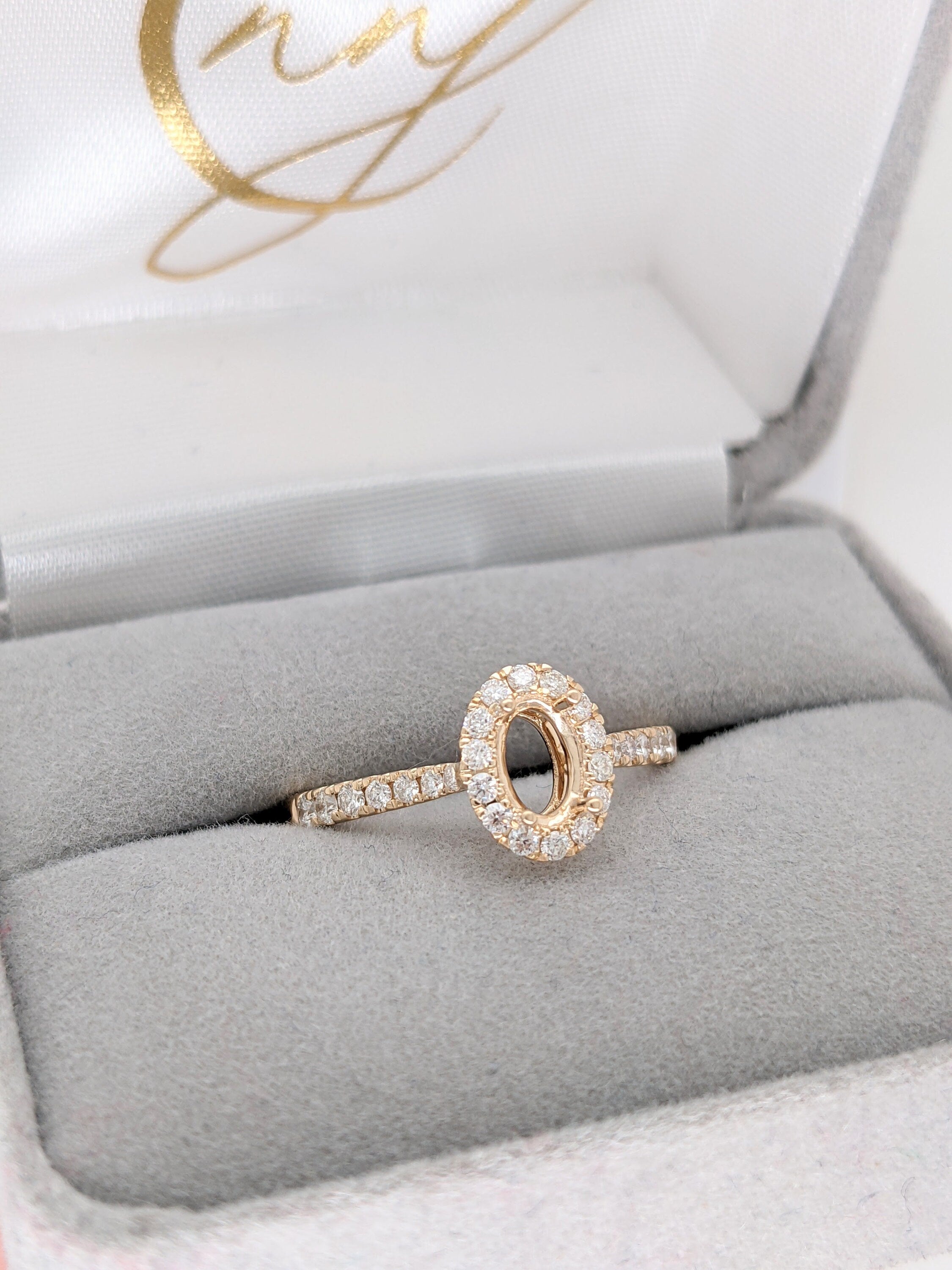 Natural Diamond Halo Semi Mount in 14K Solid Gold | Oval Prong Setting | Custom Sizes | Classic Ring Design | Engagement Ring Semi Mount