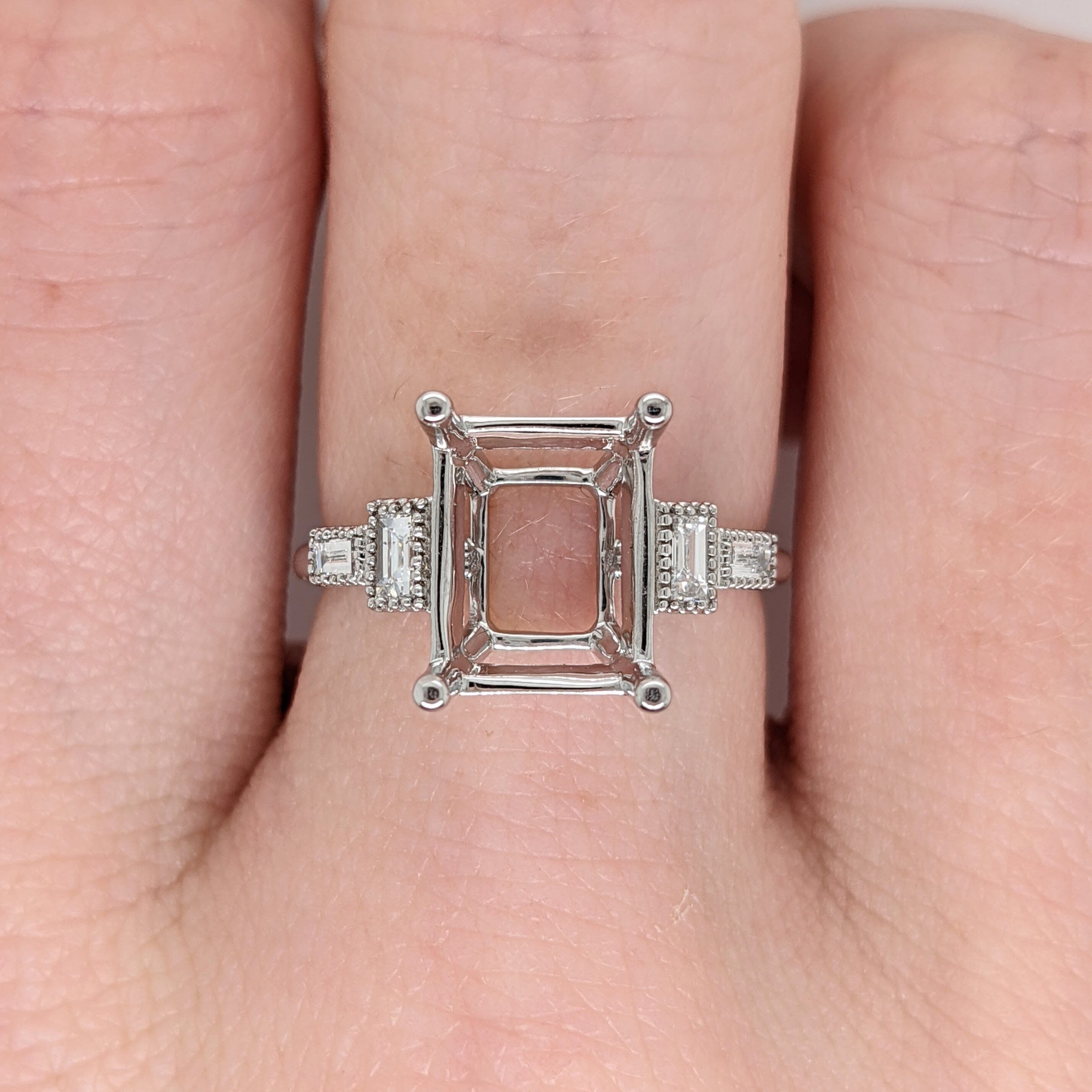 Elegant Ring Semi Mount in 14K Solid Gold w Baguette Diamond Accents | Milgrain Detail | Emerald Cut Prong Setting | Custom Sizes