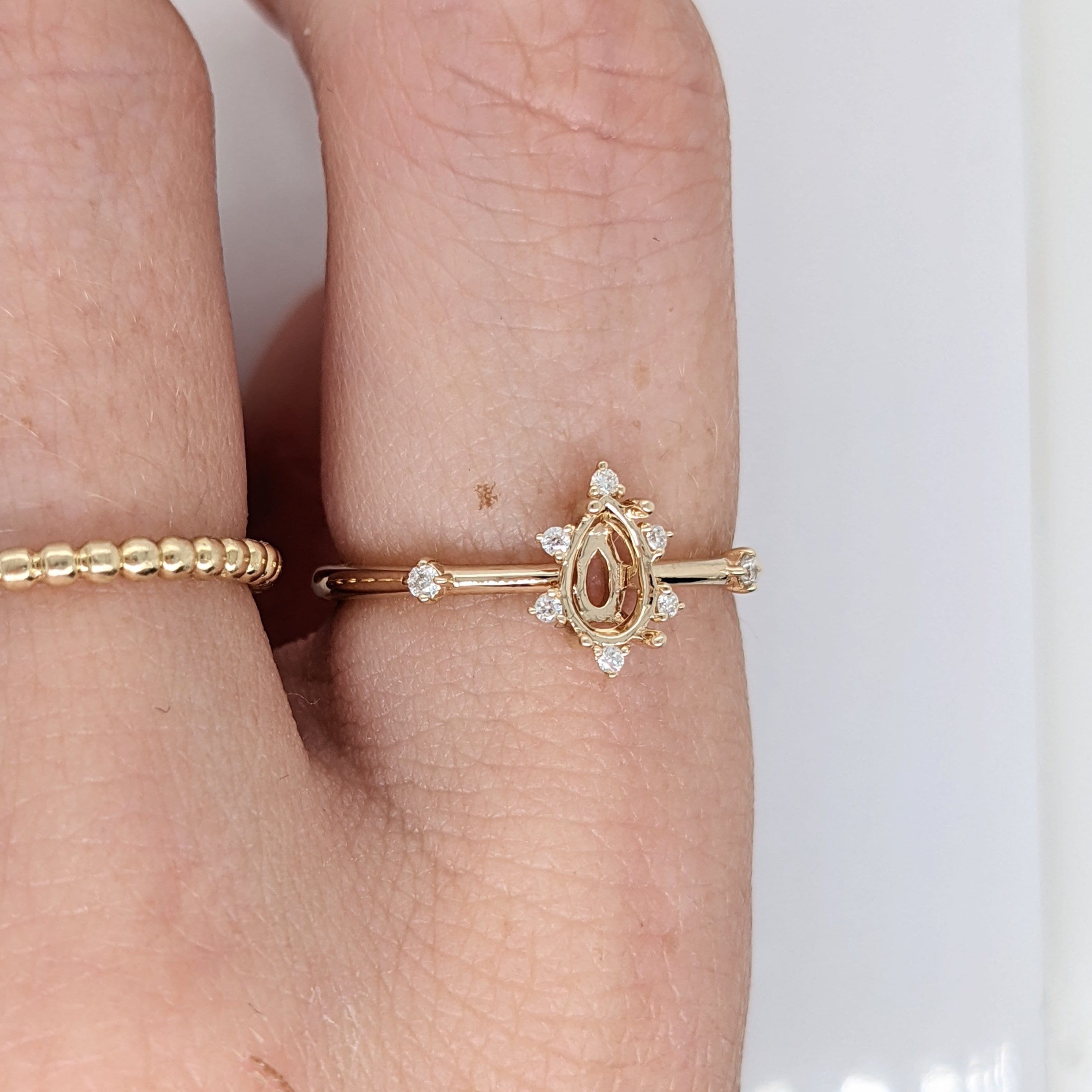 Dainty Ring Semi Mount w Natural Diamond Accents in 14K Solid Gold | Pear Shape Prong Setting | Custom Sizes | Engagement Ring Semi Mount