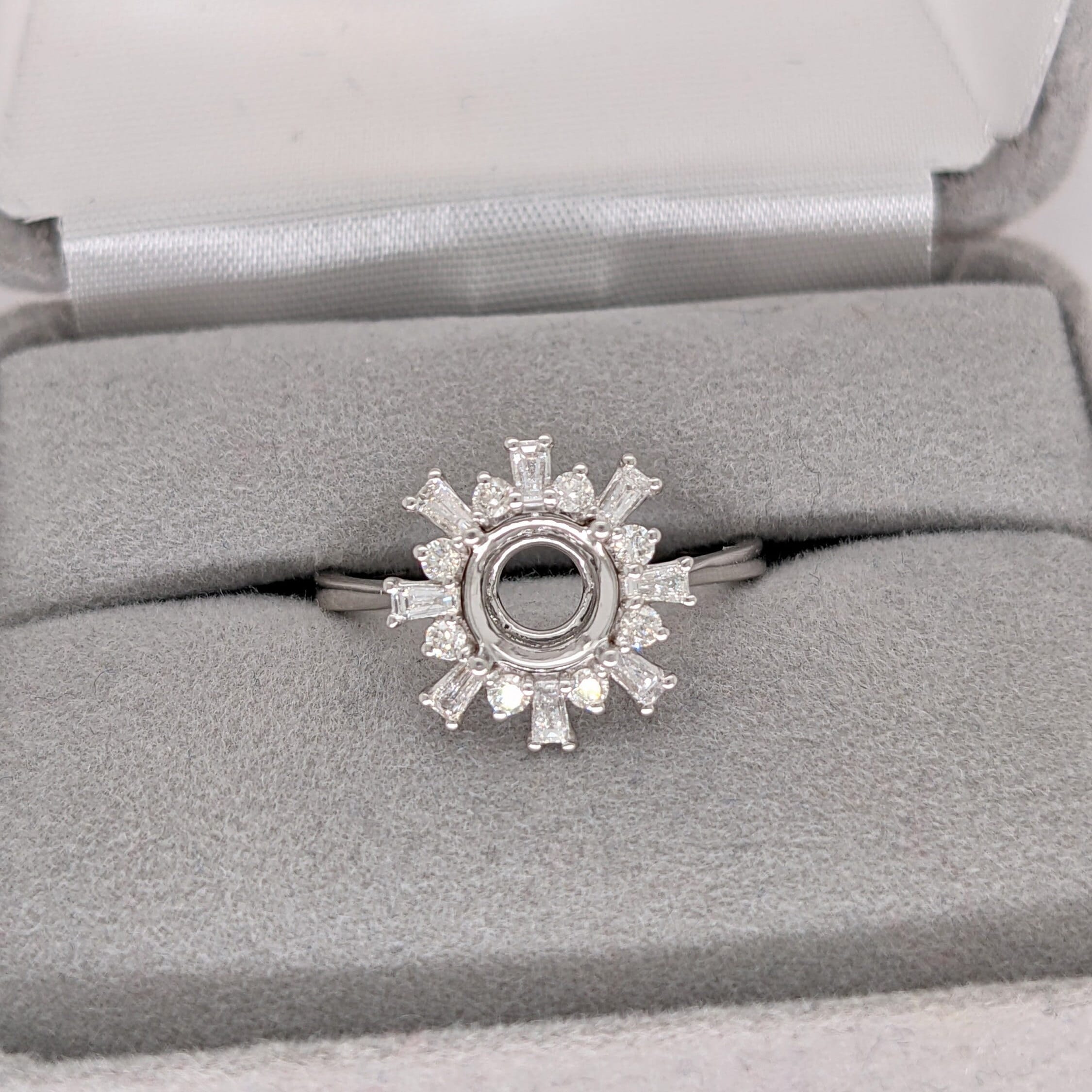 Unique Starburst Halo Design w Natural Baguette and Round Diamonds | Ring Semi Mount in 14K Solid Gold | Round Prong Setting | Custom Sizes