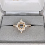 Compass Rose Inspired Halo Design w Natural Diamonds | Ring Semi Mount in 14K Solid Gold | Emerald Cut 5mm 6mm + | Compass Prong | Custom