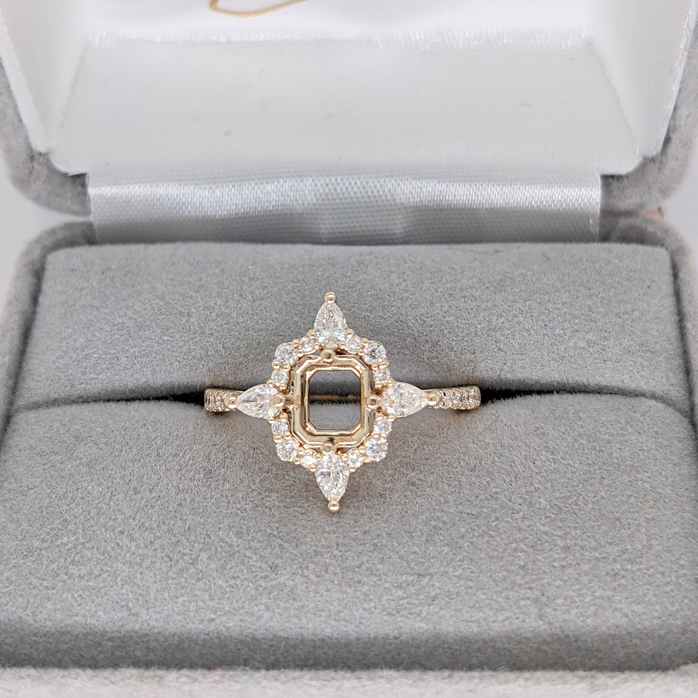Compass Rose Inspired Halo Design w Natural Diamonds | Ring Semi Mount in 14K Solid Gold | Emerald Cut 5mm 6mm + | Compass Prong | Custom