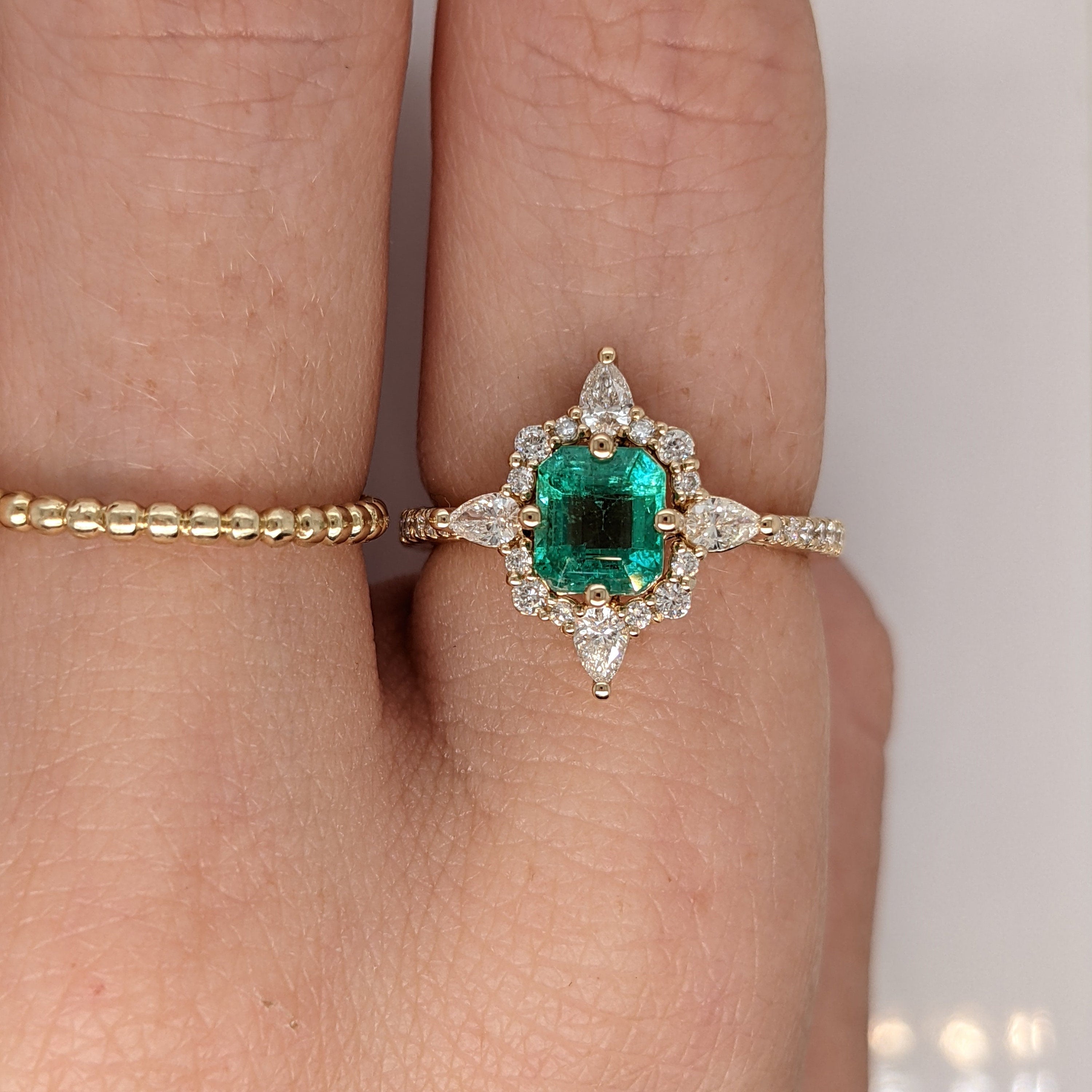 Compass Rose Inspired Emerald Ring w Pear & Round Diamond Halo in 14K Solid Yellow Gold | Emerald Cut 6x5mm | Pave Shank | May Birthstone
