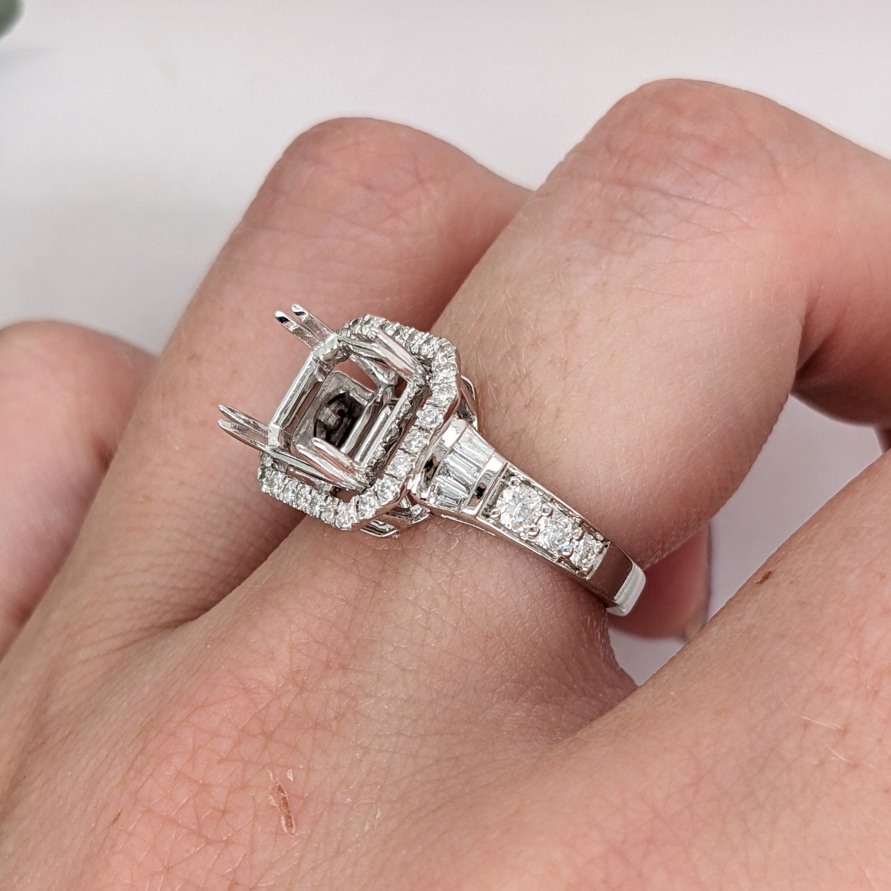 Elegant Ring Semi Mount in 14K Solid Gold w Baguette Diamond Accents | Milgrain Detail | Emerald Cut East West Prong Setting | Custom Sizes