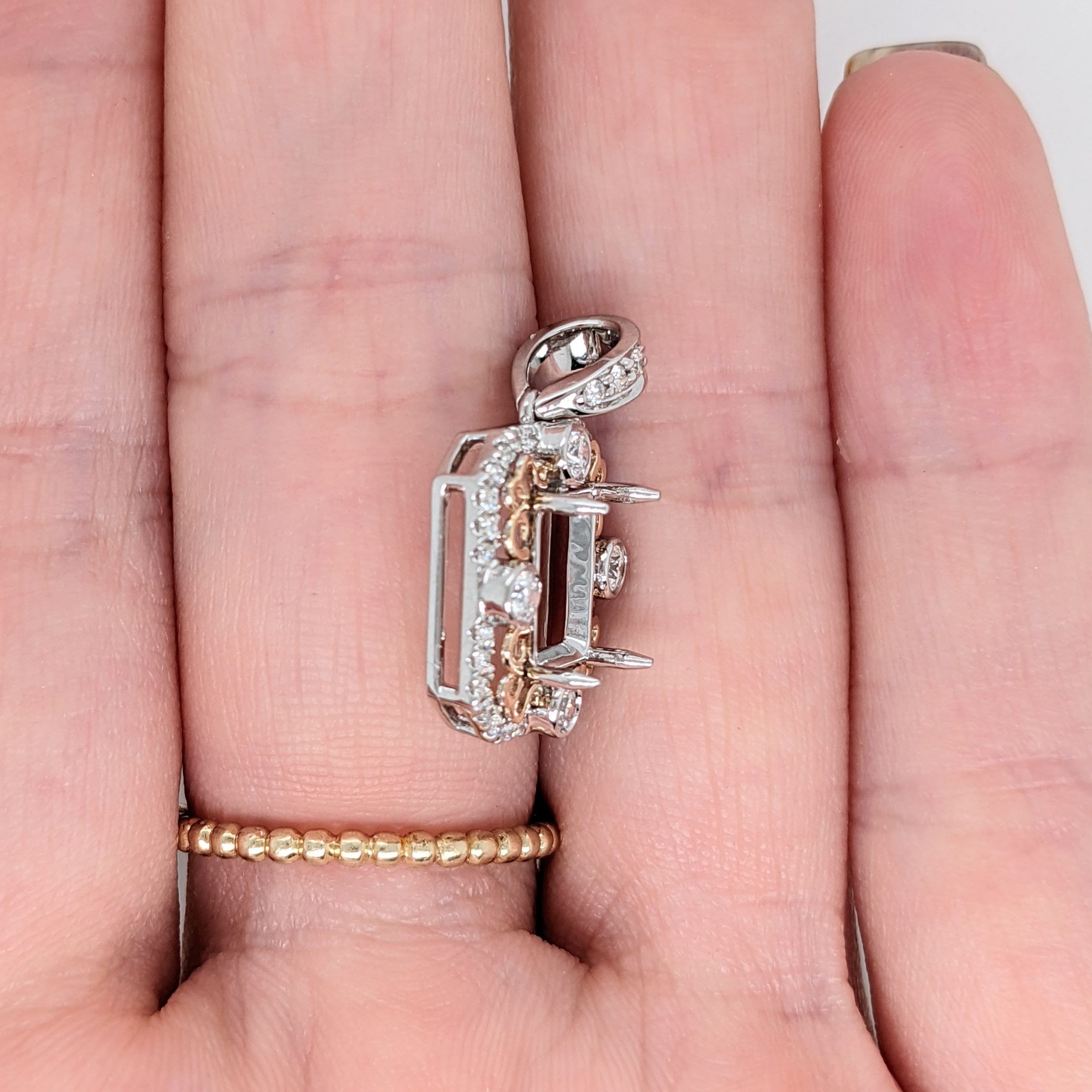 Dual Tone Filigree Pendant Setting w a Diamond Halo in 14k Gold | Emerald Cut | Customizable | Gemstone Setting | Heirloom Pendant