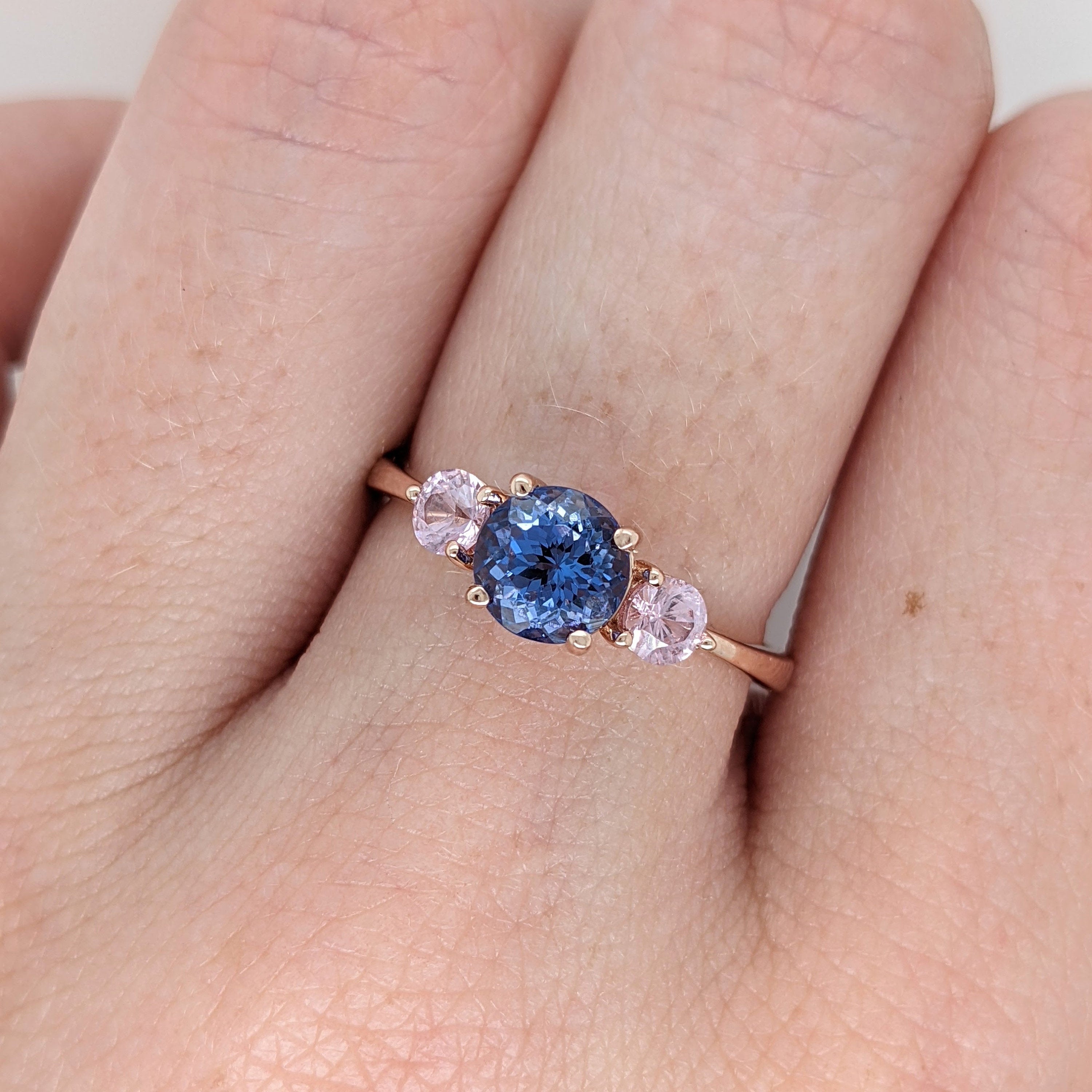 Tanzanite and Pink Sapphire Ring in 14K Rose Gold | Three Stone Ring | Round 6mm | Blue and Pink Natural Gemstones | One of a Kind | For Her