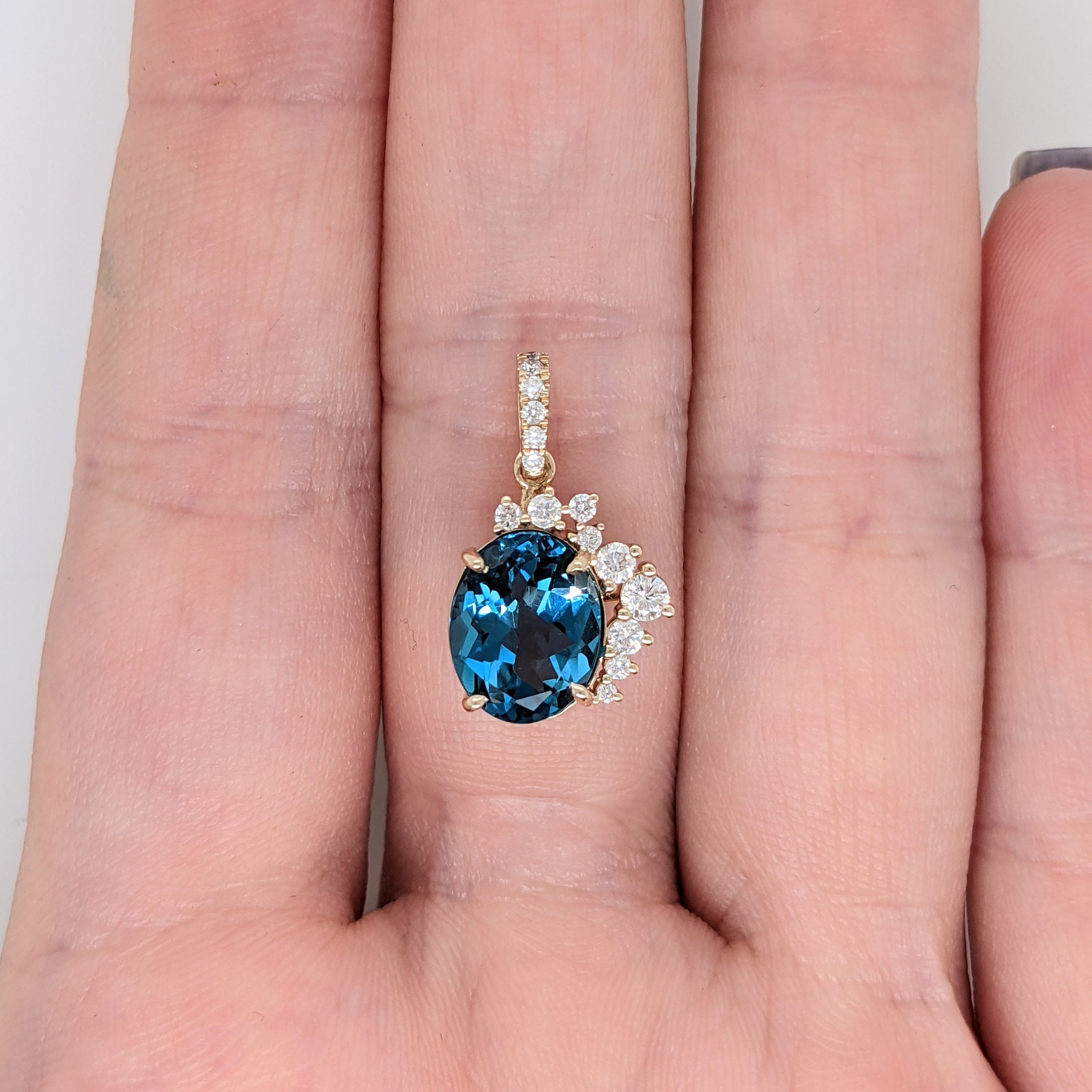 Classic London Blue Topaz Pendant in Solid 14K Yellow Gold with Natural Diamond Accents | Oval 10x8mm | December Birthstone | Diamond Bail