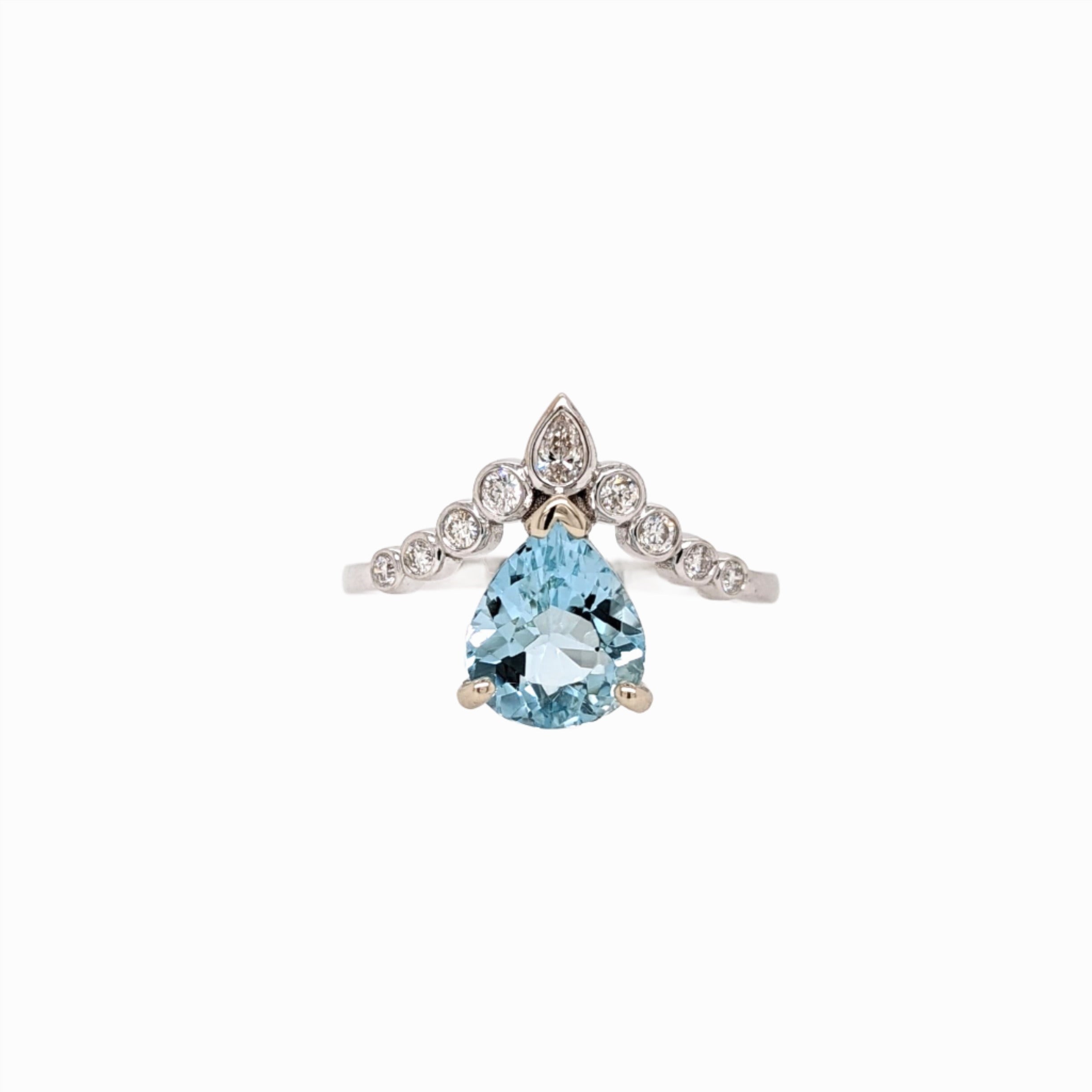 Aqua Blue Natural Aquamarine Ring in 14k Gold White w Natural Diamond Accents | Trilliant 9x8mm | Tiara Inspired Design | March Birthdays