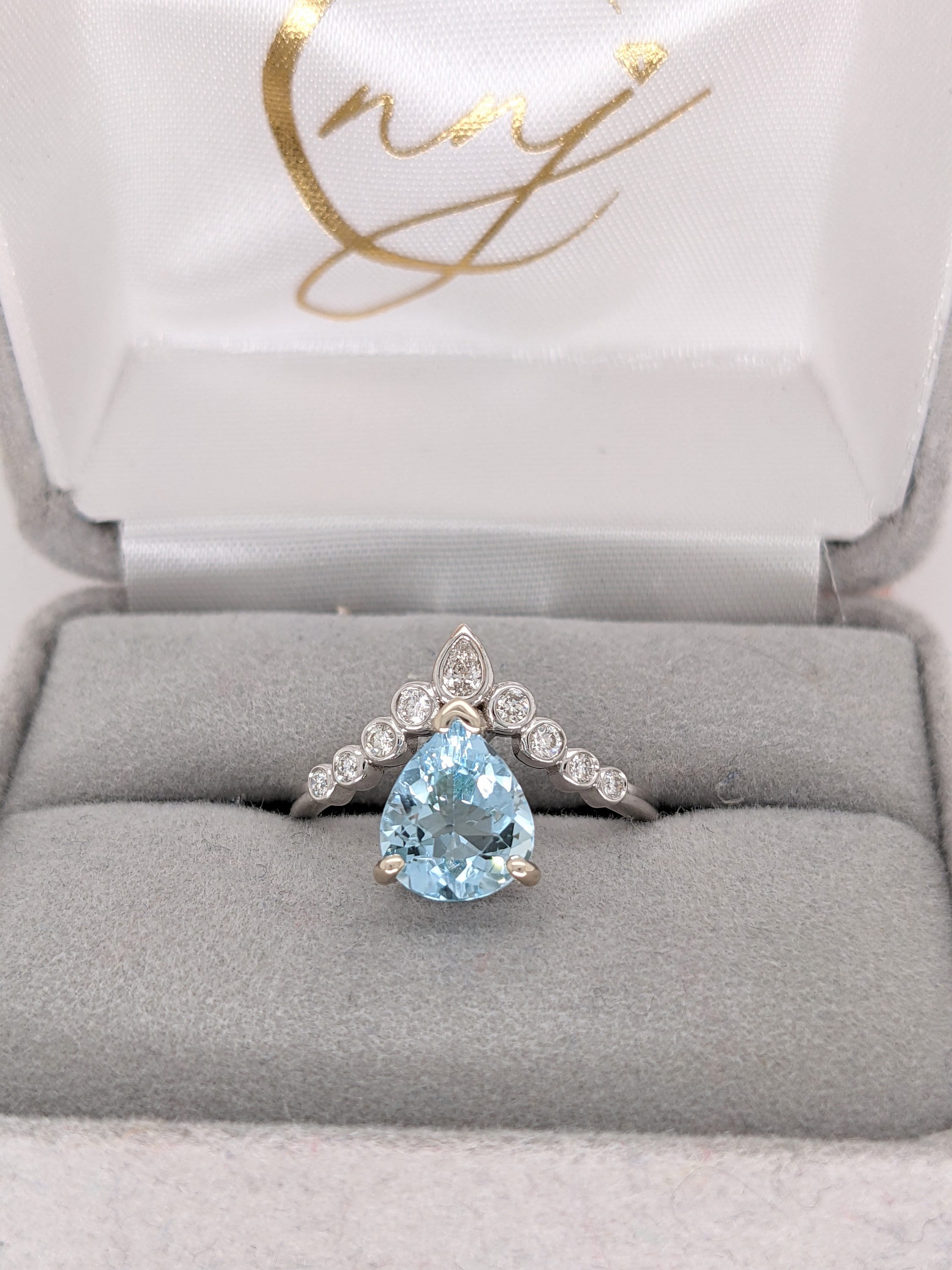 Aqua Blue Natural Aquamarine Ring in 14k Gold White w Natural Diamond Accents | Trilliant 9x8mm | Tiara Inspired Design | March Birthdays