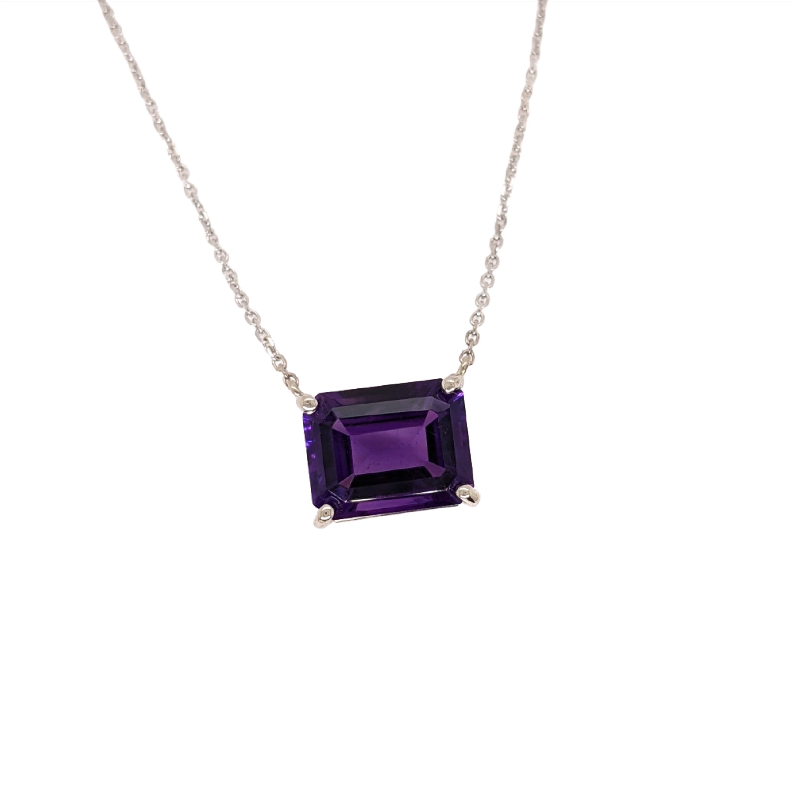 Solitaire Amethyst Pendant in Solid 14k White, Yellow or Rose Gold | Emerald Cut 10x8mm | East West | Purple Gemstone | February Birthday
