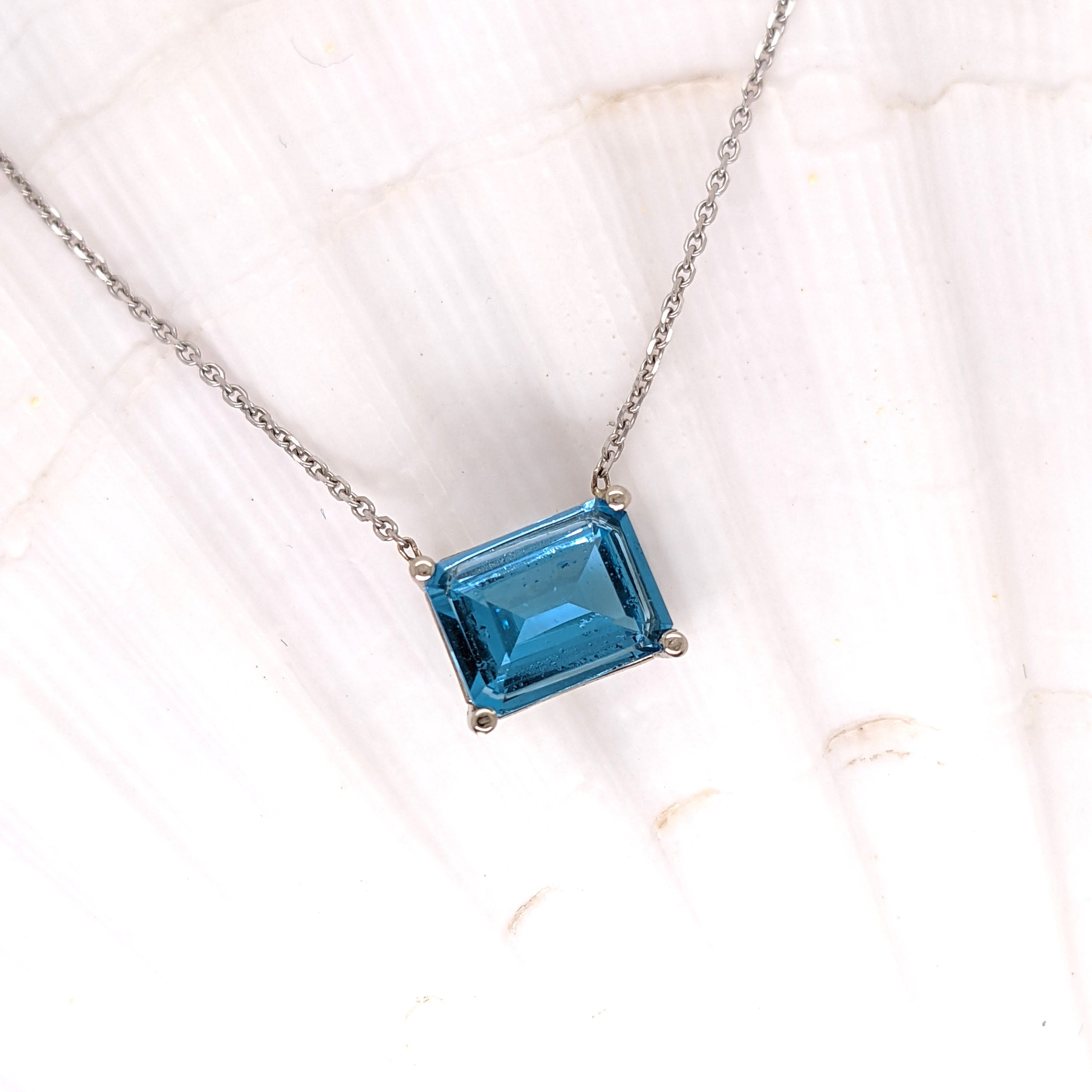 Solitaire London Blue Topaz Pendant in Solid 14k White, Yellow or Rose Gold | Emerald Cut 9x7mm | East West | Blue Gemstone | November