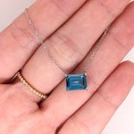 Solitaire London Blue Topaz Pendant in Solid 14k White, Yellow or Rose Gold | Emerald Cut 9x7mm | East West | Blue Gemstone | November