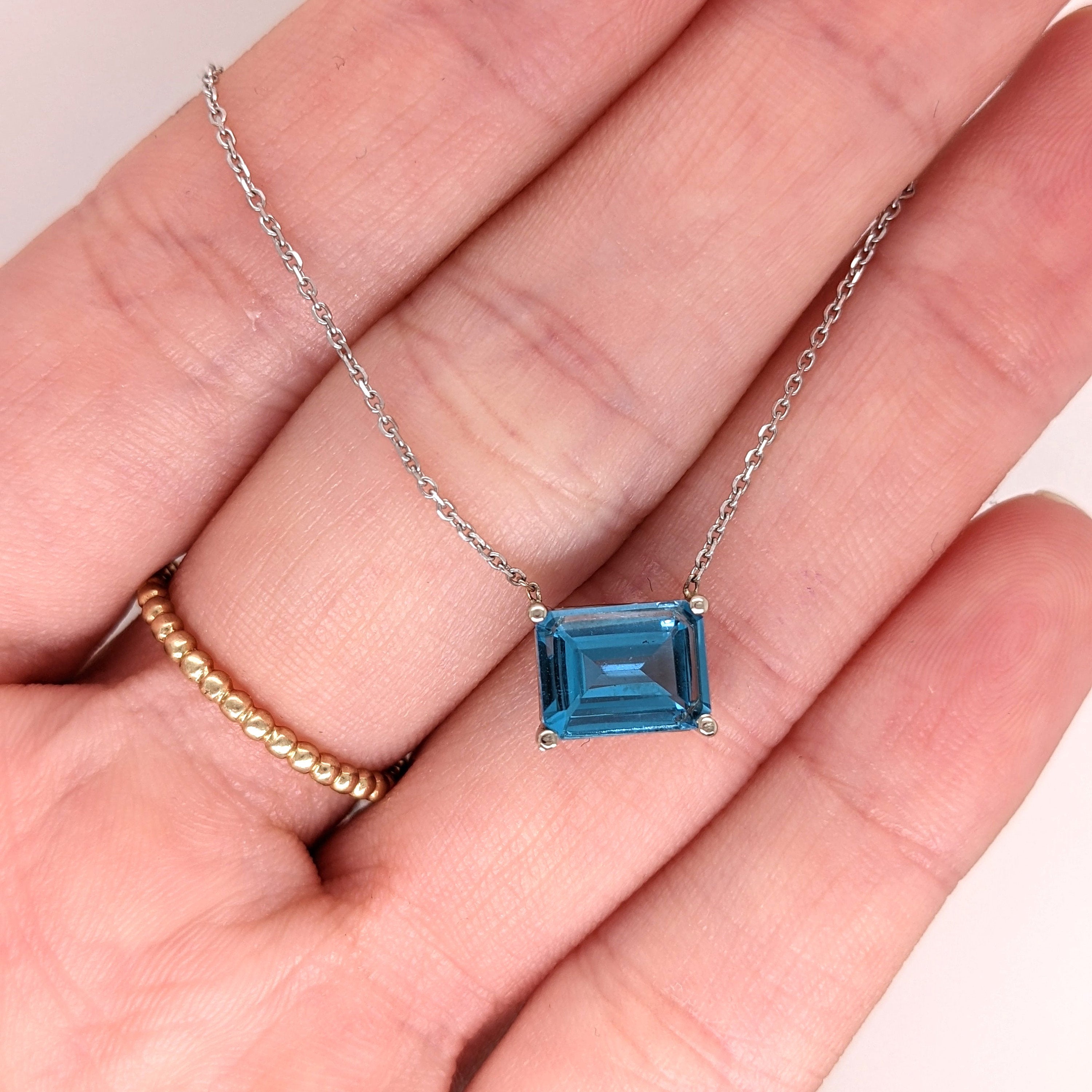 Solitaire London Blue Topaz Pendant in Solid 14k White, Yellow or Rose Gold | Emerald Cut 9x7mm | East West | Blue Gemstone | November